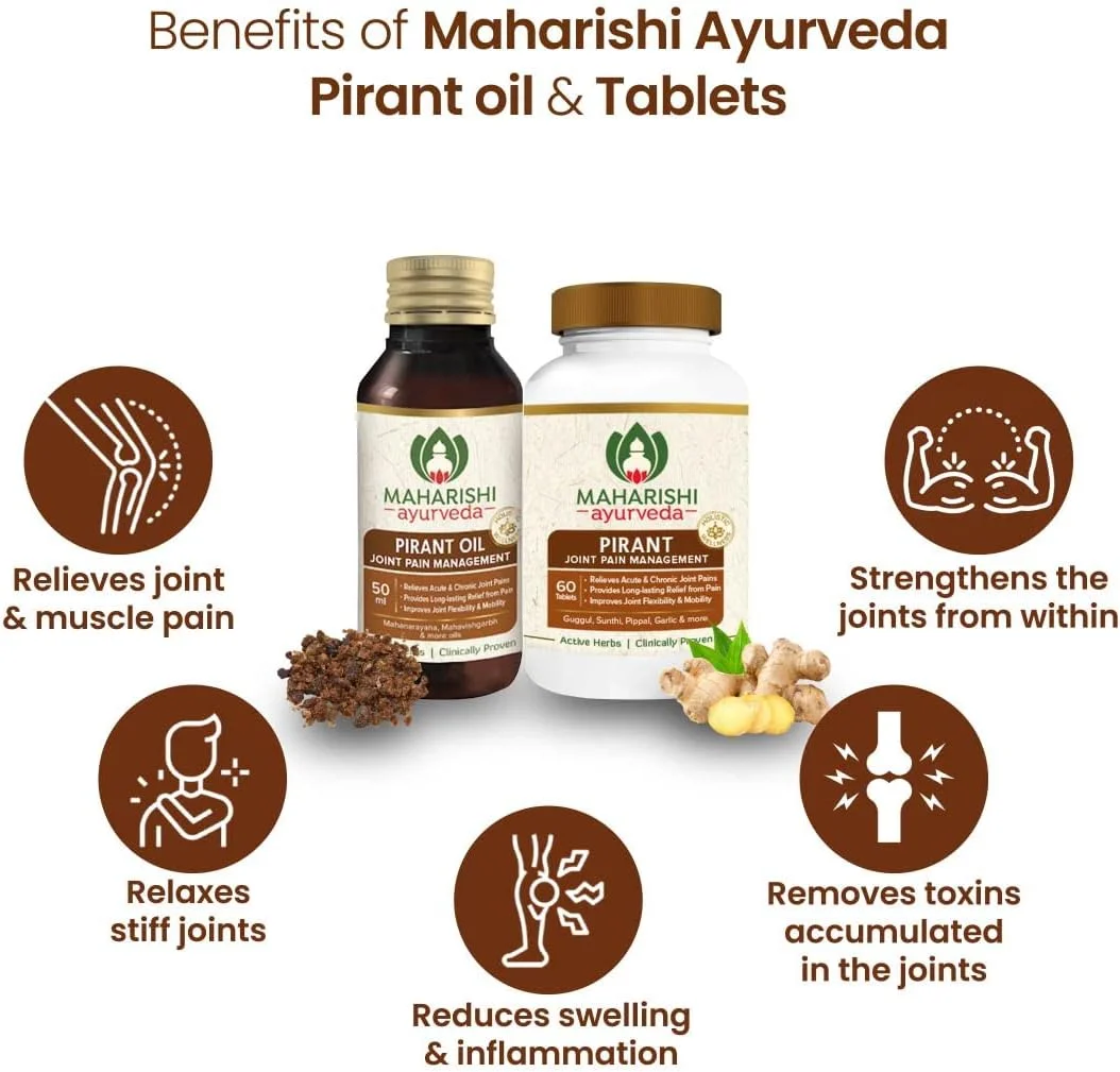 مجموعه تسکین درد مفاصل آیورودا ماهارشی شامل قرص های پیرانت و روغن پیرانت | مکمل تسکین درد برای مفاصل | برای آرتروز، اسپوندیلیت و خشکی صبحگاهی - 60 قرص و 50 میلی لیتر روغن مجموعه تسکین درد مفاصل آیورودا ماهارشی شامل قرص های پیرانت و روغن پیرانت | مکمل تسکین درد برای مفاصل | برای آرتروز، اسپوندیلیت و خشکی صبحگاهی - 60 قرص و 50 میلی لیتر روغن