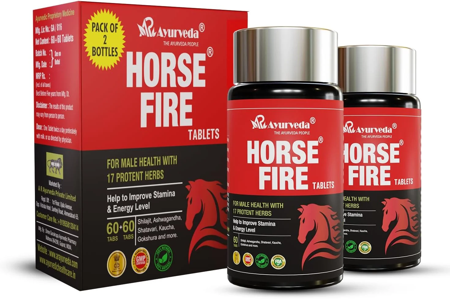 قرص های Horse Fire برای مردان | داروی آیورودا - برای استقامت، رشد عضلات، ایمنی و سلامت کلی بسته 2 عددی (60 قرص + 60 قرص)