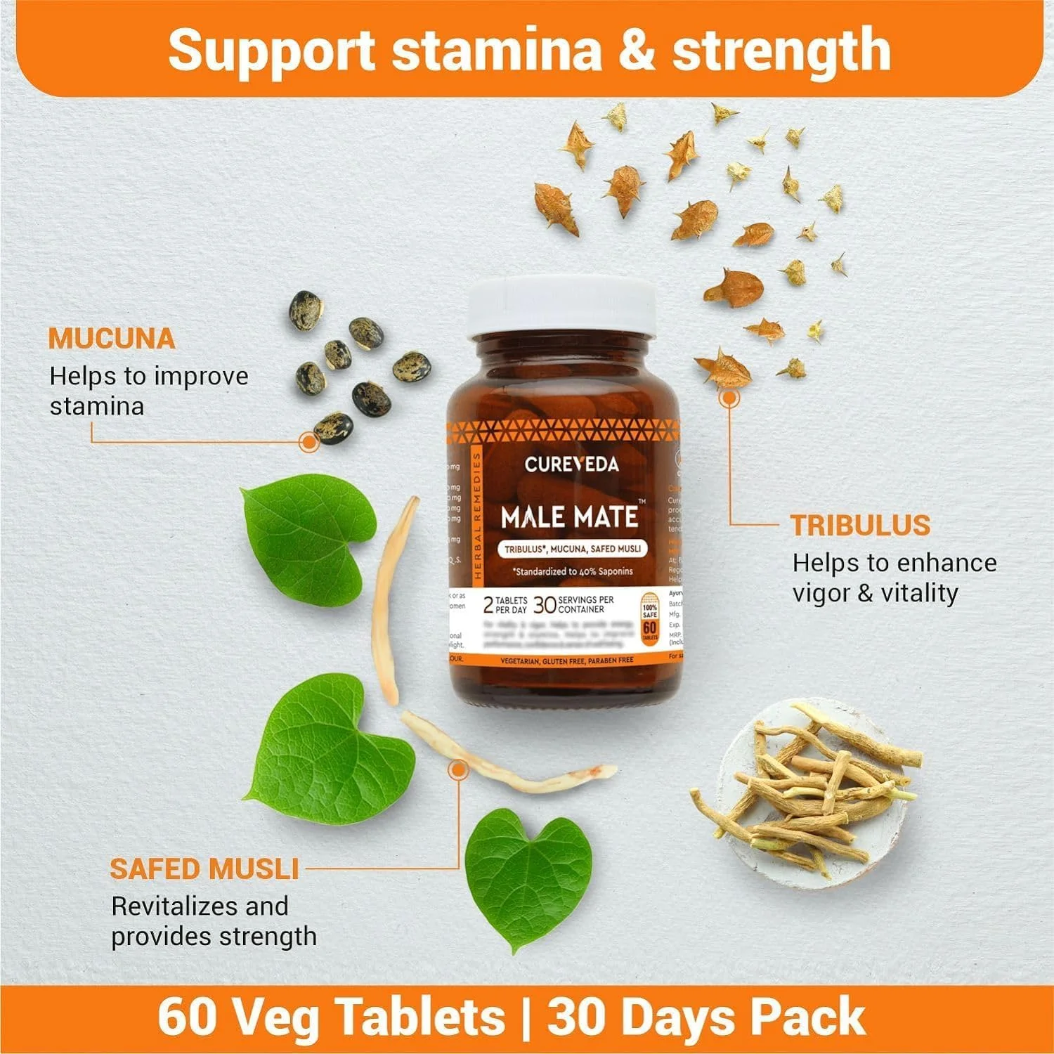 مکمل گیاهی تقویت آقایان Cureveda | مکمل سلامتی مردان | تریبولوس، موکونا، سفد موسلی | 90 عدد قرص