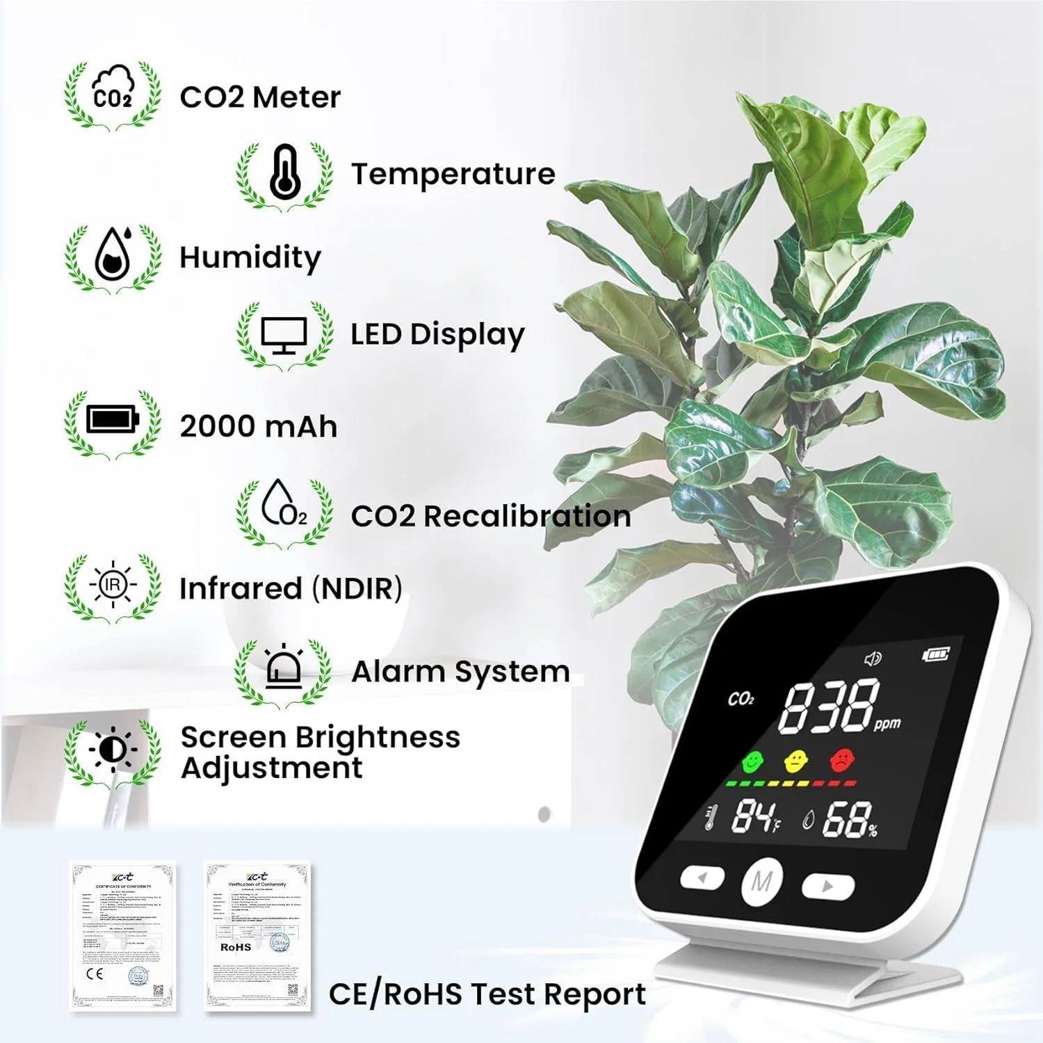 مانیتور دی اکسید کربن 4 در 1 KASTWAVE با سنسور NDIR - ردیاب قابل حمل کیفیت هوا برای دما، رطوبت و سطوح CO2 - شامل سیستم هشدار برای خانه ها، دفاتر، مسافرت و اتومبیل