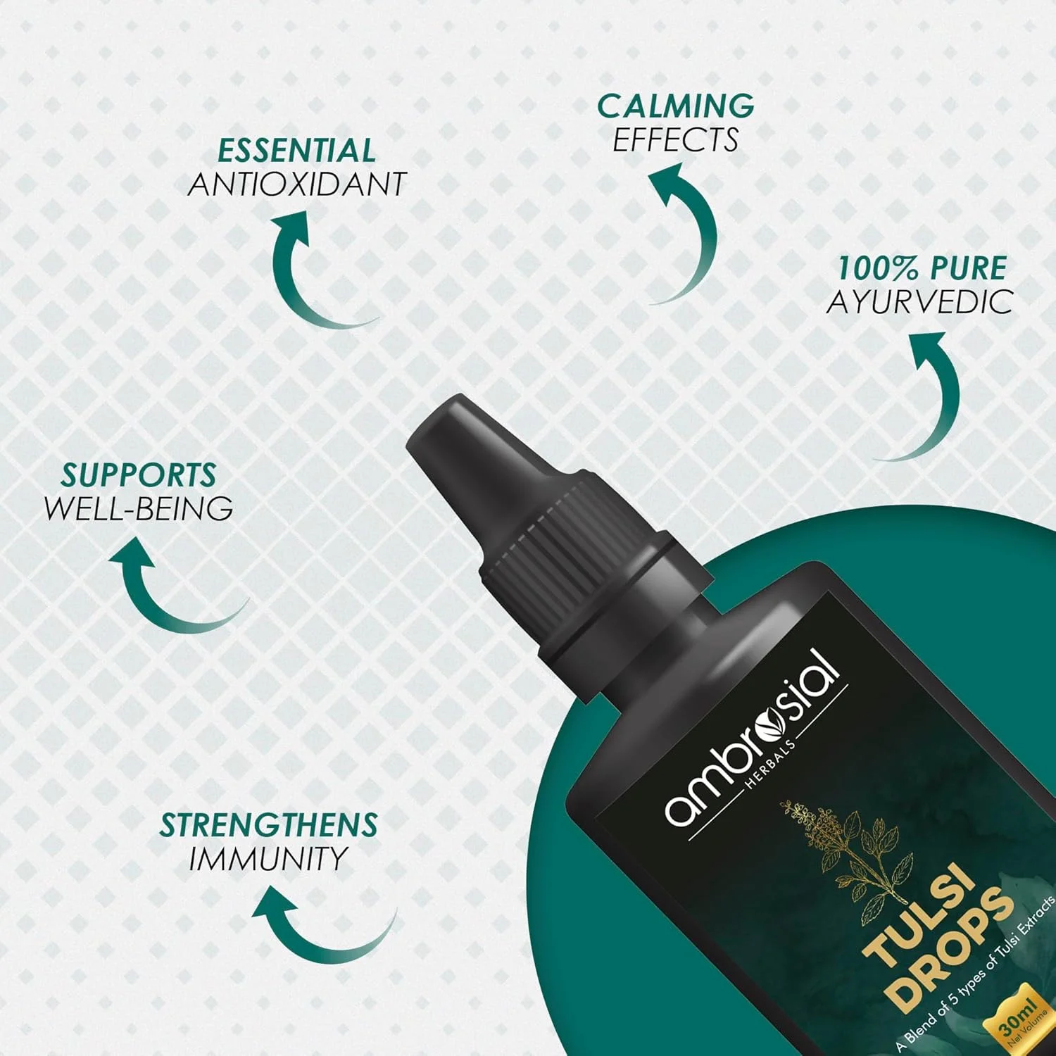 قطره های تولسی آمبروسیال، عصاره غلیظ 5 نوع تولسی 30 میلی لیتر | تقویت کننده طبیعی ایمنی | تسکین دهنده سرفه و سرماخوردگی | عصاره خام برگ ریحان مقدس (بسته 1 عددی - 30 میلی لیتر)