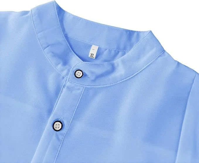 پیراهن مردانه هنلی آستین کوتاه دکمه دار کتان نخی، مناسب تیپ های ساحلی و تابستانی، آبی، سایز XXL