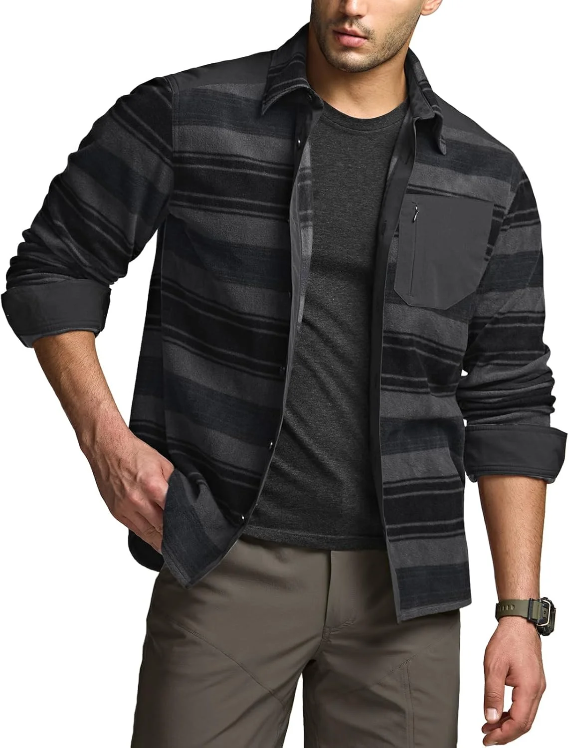 پیراهن پشمی سنگین وزن آستین بلند مردانه CQR، پیراهن دکمه دار چهارخانه، پیراهن گرم و غیررسمی فضای باز با جیب