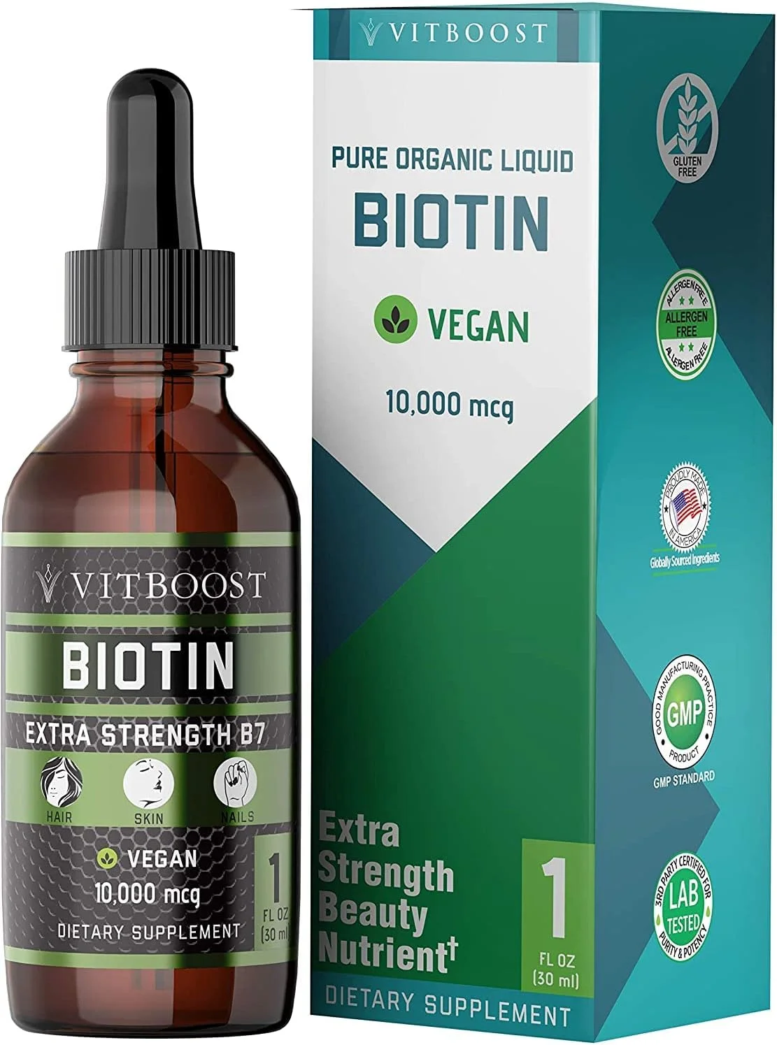 قطره های مایع بیوتین 10000 میکروگرمی با طعم توت ارگانیک VITBOOST | 60 سروینگ | فرمول وگان از رشد مو، ناخن های قوی و پوست سالم پشتیبانی می کند | بدون مواد نگهدارنده مصنوعی