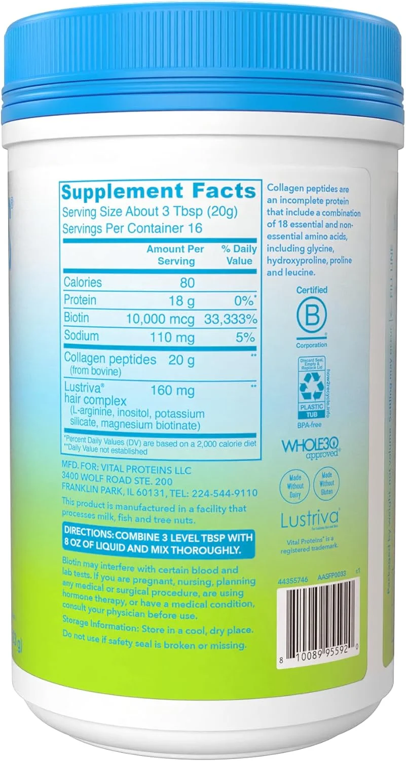 پپتیدهای کلاژن Vital Proteins + کمپلکس مو بیوتین 10000 میکروگرم، مکمل رشد مو - Lustriva با مطالعه بالینی برای تقویت موهای ضخیم تر و پرتر، 20 گرم کلاژن بدون طعم برای زنان، پودر 323 گرمی پپتیدهای کلاژن Vital Proteins + کمپلکس مو بیوتین 10000 میکروگرم، مکمل رشد مو - Lustriva با مطالعه بالینی برای تقویت موهای ضخیم تر و پرتر، 20 گرم کلاژن بدون طعم برای زنان، پودر 323 گرمی