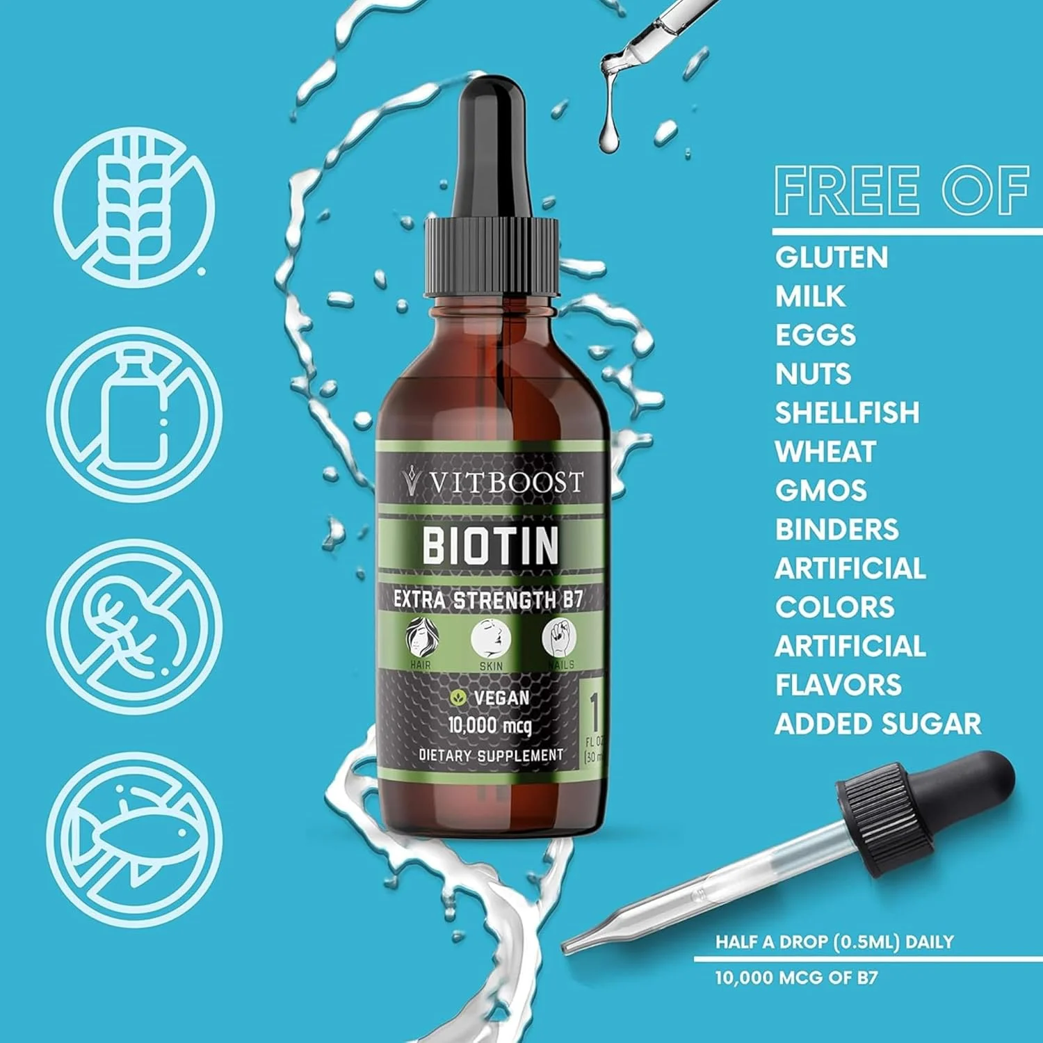 قطره های مایع بیوتین 10000 میکروگرمی با طعم توت ارگانیک VITBOOST | 60 سروینگ | فرمول وگان از رشد مو، ناخن های قوی و پوست سالم پشتیبانی می کند | بدون مواد نگهدارنده مصنوعی