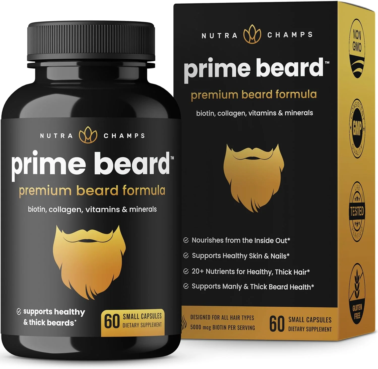 مکمل ویتامین های رشد ریش Prime Beard برای مردان - موهای ضخیم تر، پرتر و مردانه تر - قرص های طراحی شده علمی با بیوتین، کلاژن، روی و موارد دیگر! - برای انواع موهای صورت - کپسول های طبیعی