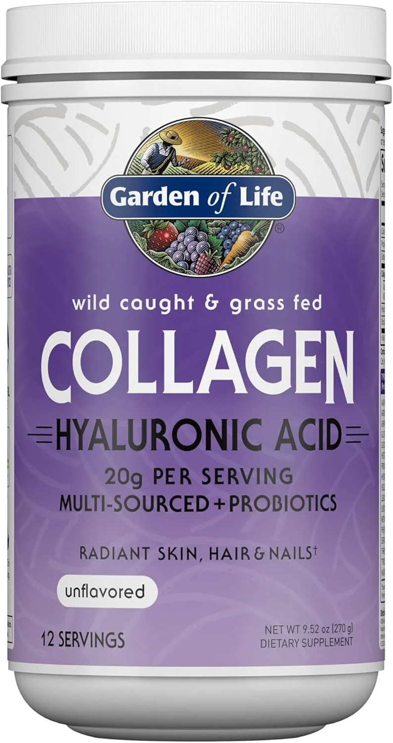 پودر مکمل پپتیدهای کلاژن دریایی و تغذیه شده با علف Garden of Life (نوع I، III) با پروبیوتیک ها، BCAA و اسید هیالورونیک برای مو، پوست و ناخن های درخشان - بدون طعم، 20 گرم در هر وعده، 12 وعده