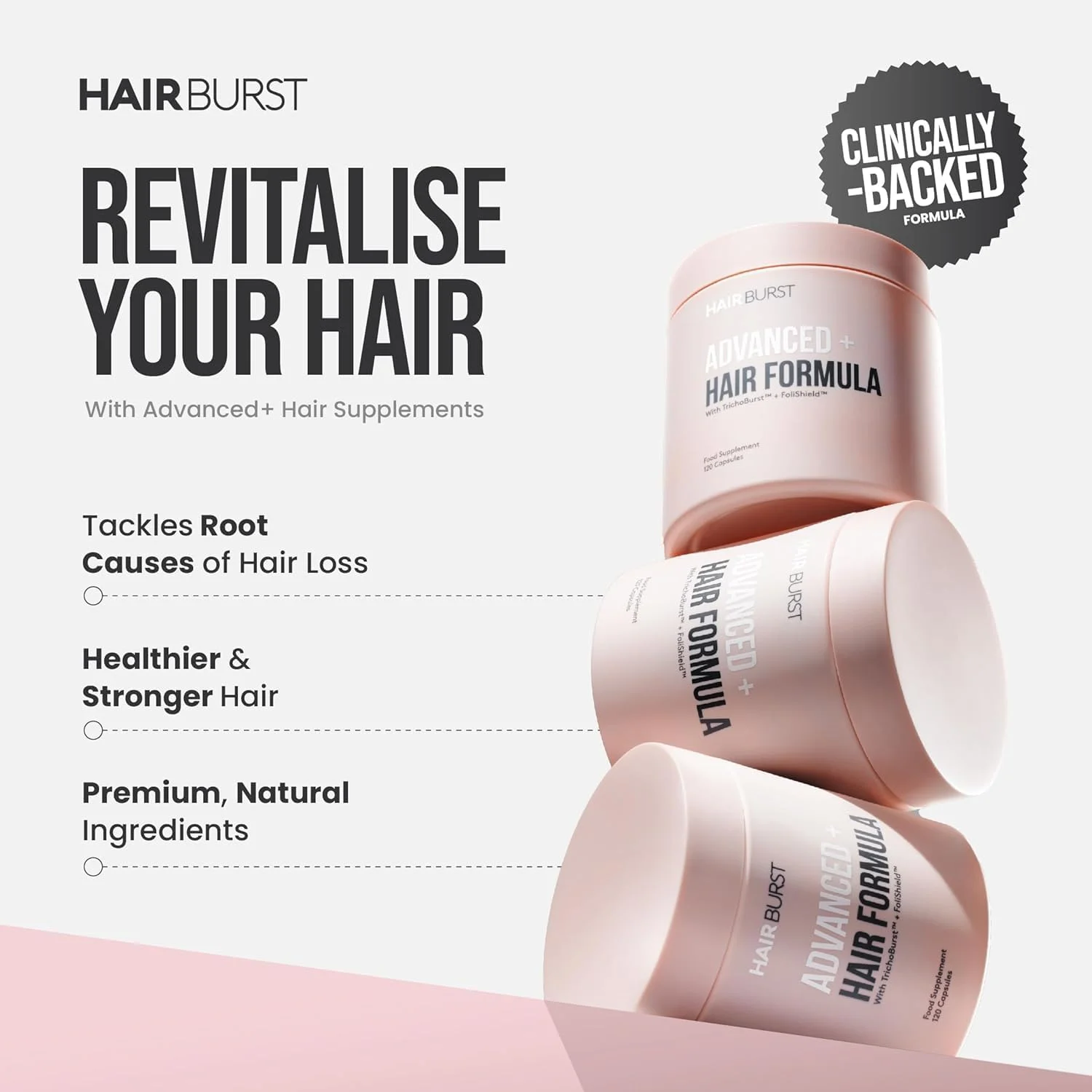 HAIR BURST Advanced+ Hair Loss Supplement - Targets Root Causes, Promotes Strong Growth - Natural, Science-Led Hair Product for Women - 4 Daily Capsules, 1 Solution