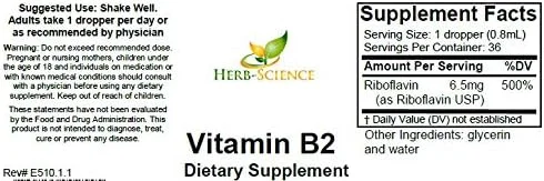 مکمل ویتامین B2 Herb-Science - قطره های ریبوفلاوین، عصاره مایع - برای تسکین سردرد، انرژی طبیعی - پشتیبانی از سلامت مو، پوست، ناخن، تولید کلاژن - غیر الکلی - 1 اونس مایع