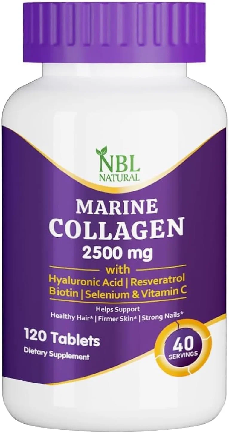 قرص کلاژن دریایی هیدرولیز شده طبیعی NBL با دوز 2500 میلی گرم به همراه اسید هیالورونیک، رسوراترول، بیوتین، سلنیوم و ویتامین C، 120 عدد