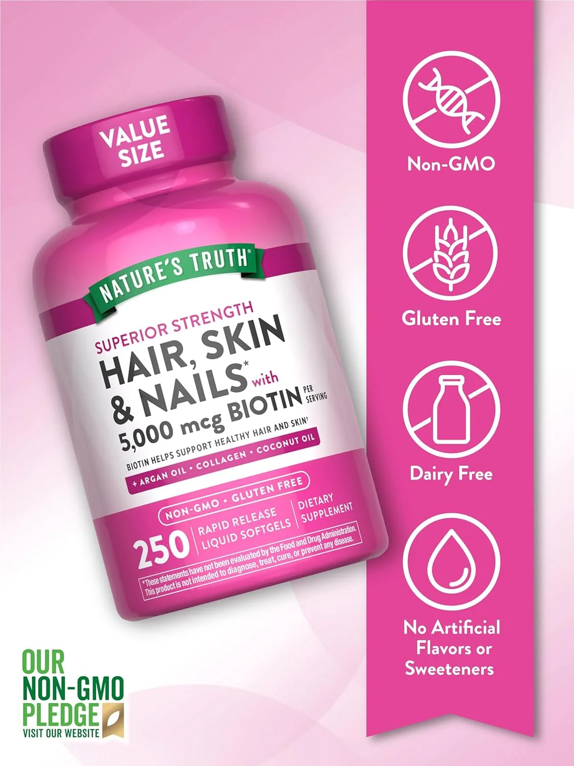 Nature's Truth Hair, Skin & Nails Vitamins with Biotin | 5000mcg | 250 Softgels | Includes Collagen and Coconut Oil | Non-GMO & Gluten Free Daily Supplement for Women and Men
