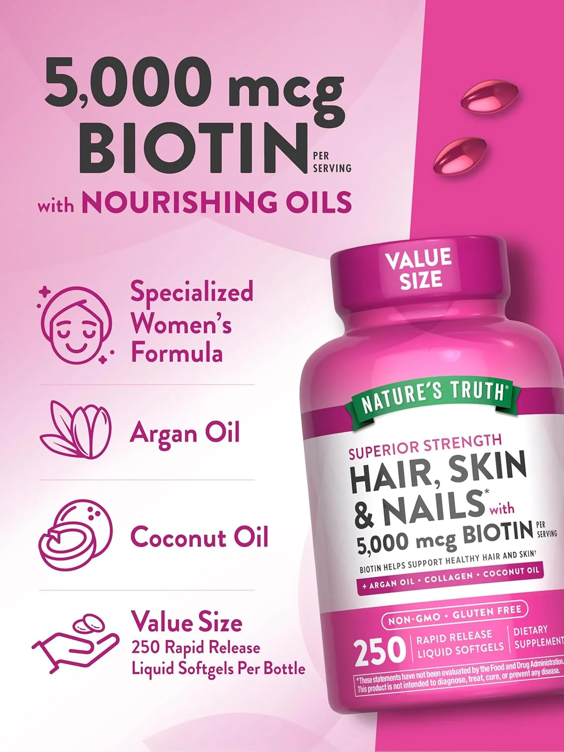 Nature's Truth Hair, Skin & Nails Vitamins with Biotin | 5000mcg | 250 Softgels | Includes Collagen and Coconut Oil | Non-GMO & Gluten Free Daily Supplement for Women and Men