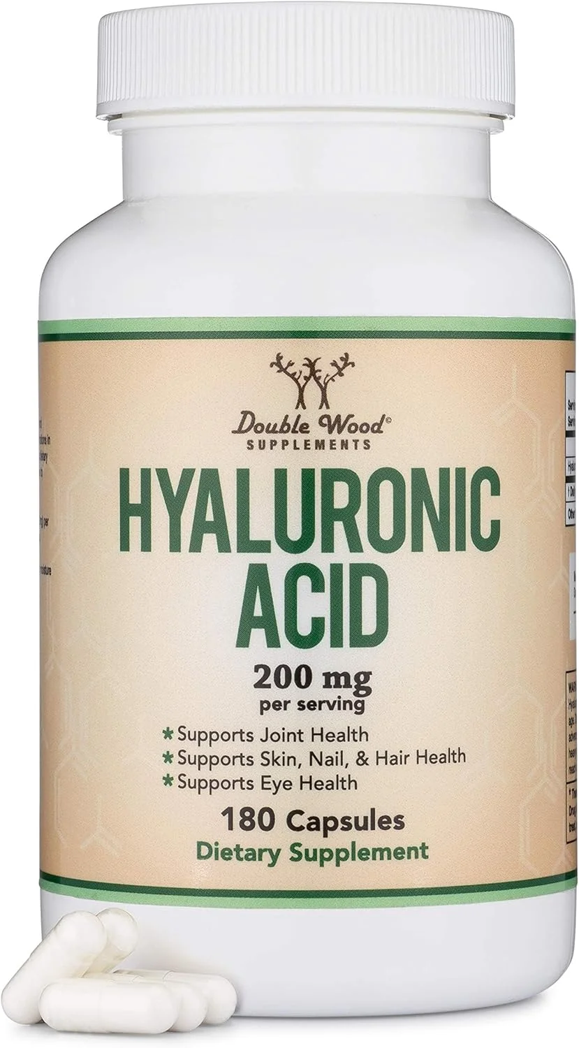 کپسول هیالورونیک اسید دابل وود Supplements - 180 عدد (تقویت کننده اثرات سرم هیالورونیک اسید برای صورت) 200 میلی گرم در هر وعده برای حمایت از پیری پوست و صورت (Acido Hialuronico)
