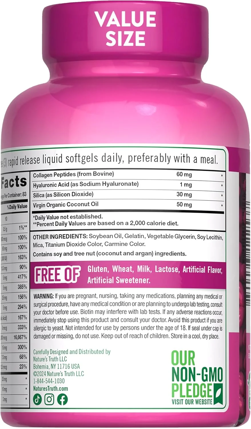 Nature's Truth Hair, Skin & Nails Vitamins with Biotin | 5000mcg | 250 Softgels | Includes Collagen and Coconut Oil | Non-GMO & Gluten Free Daily Supplement for Women and Men