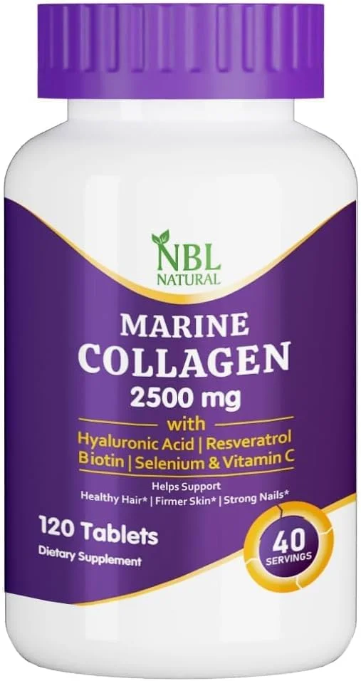 قرص کلاژن دریایی هیدرولیز شده طبیعی NBL با دوز 2500 میلی گرم به همراه اسید هیالورونیک، رسوراترول، بیوتین، سلنیوم و ویتامین C، 120 عدد