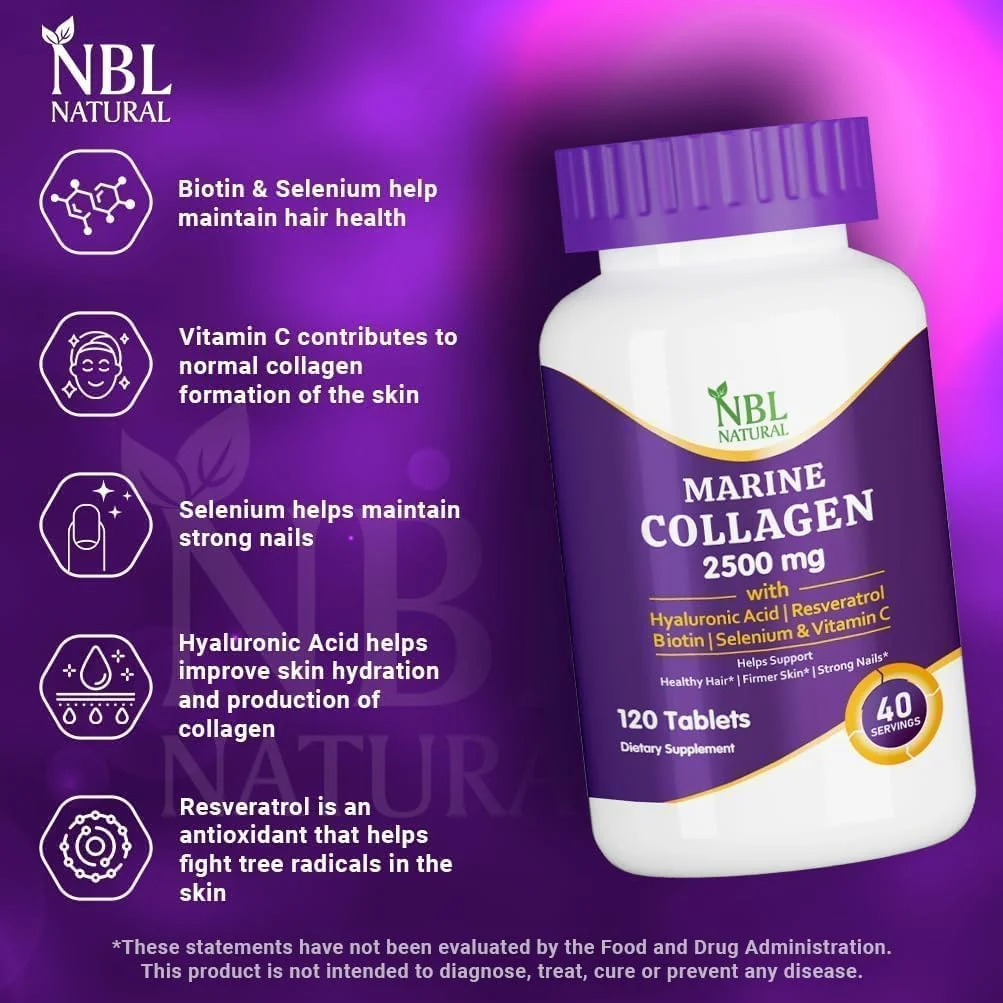 قرص کلاژن دریایی هیدرولیز شده طبیعی NBL با دوز 2500 میلی گرم به همراه اسید هیالورونیک، رسوراترول، بیوتین، سلنیوم و ویتامین C، 120 عدد
