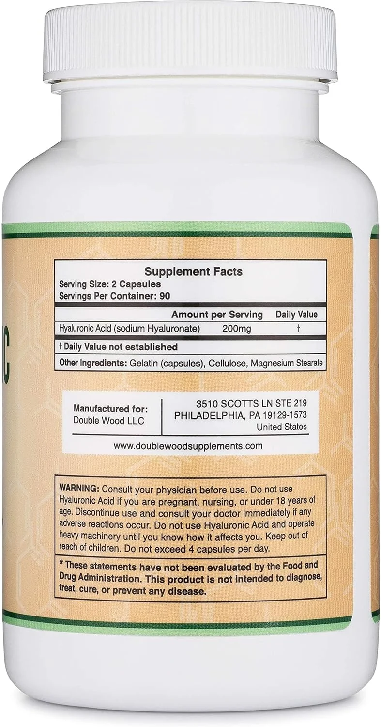کپسول هیالورونیک اسید دابل وود Supplements - 180 عدد (تقویت کننده اثرات سرم هیالورونیک اسید برای صورت) 200 میلی گرم در هر وعده برای حمایت از پیری پوست و صورت (Acido Hialuronico)