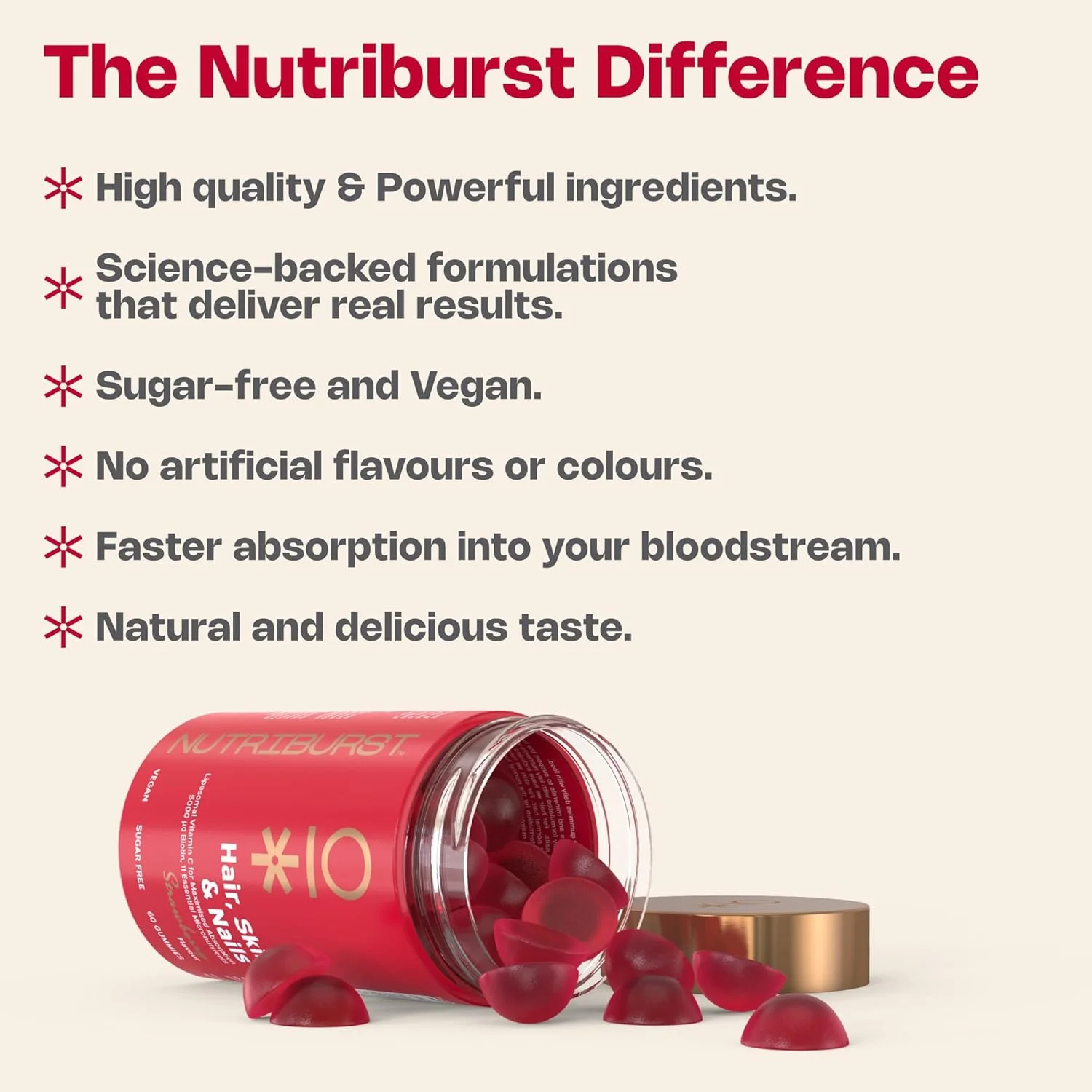 Nutriburst - پاستیل های مو، پوست و ناخن - بیوتین، زینک، ویتامین E برای موهای ضخیم تر و ناخن های قوی تر - مکمل های بدون قند - 60 پاستیل برای مصرف 1 ماه - مناسب برای گیاهخواران Nutriburst - پاستیل های مو، پوست و ناخن - بیوتین، زینک، ویتامین E برای موهای ضخیم تر و ناخن های قوی تر - مکمل های بدون قند - 60 پاستیل برای مصرف 1 ماه - مناسب برای گیاهخواران