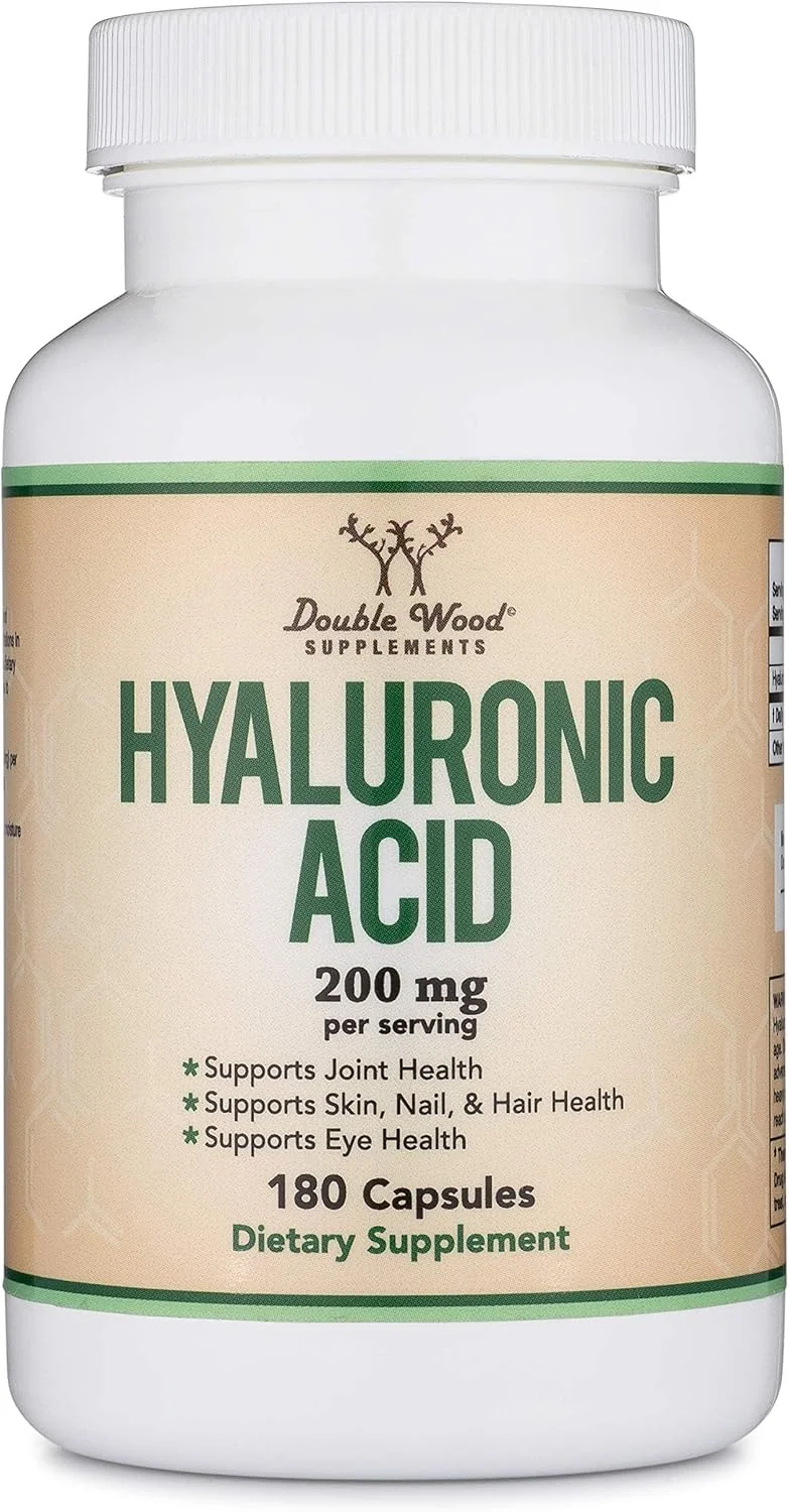 کپسول هیالورونیک اسید دابل وود Supplements - 180 عدد (تقویت کننده اثرات سرم هیالورونیک اسید برای صورت) 200 میلی گرم در هر وعده برای حمایت از پیری پوست و صورت (Acido Hialuronico)
