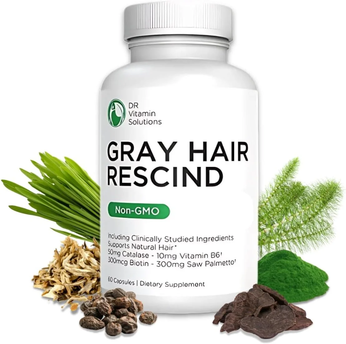 محصول DR Vitamin Solutions Gray Hair Rescind with Catalase - ویتامین های ضد پیری مو، پوست و ناخن، پانتوتنیک اسید، فولیک اسید 400 میکروگرم، بیوتین 300 میکروگرم، سائو پالمتو برای مردان و زنان
