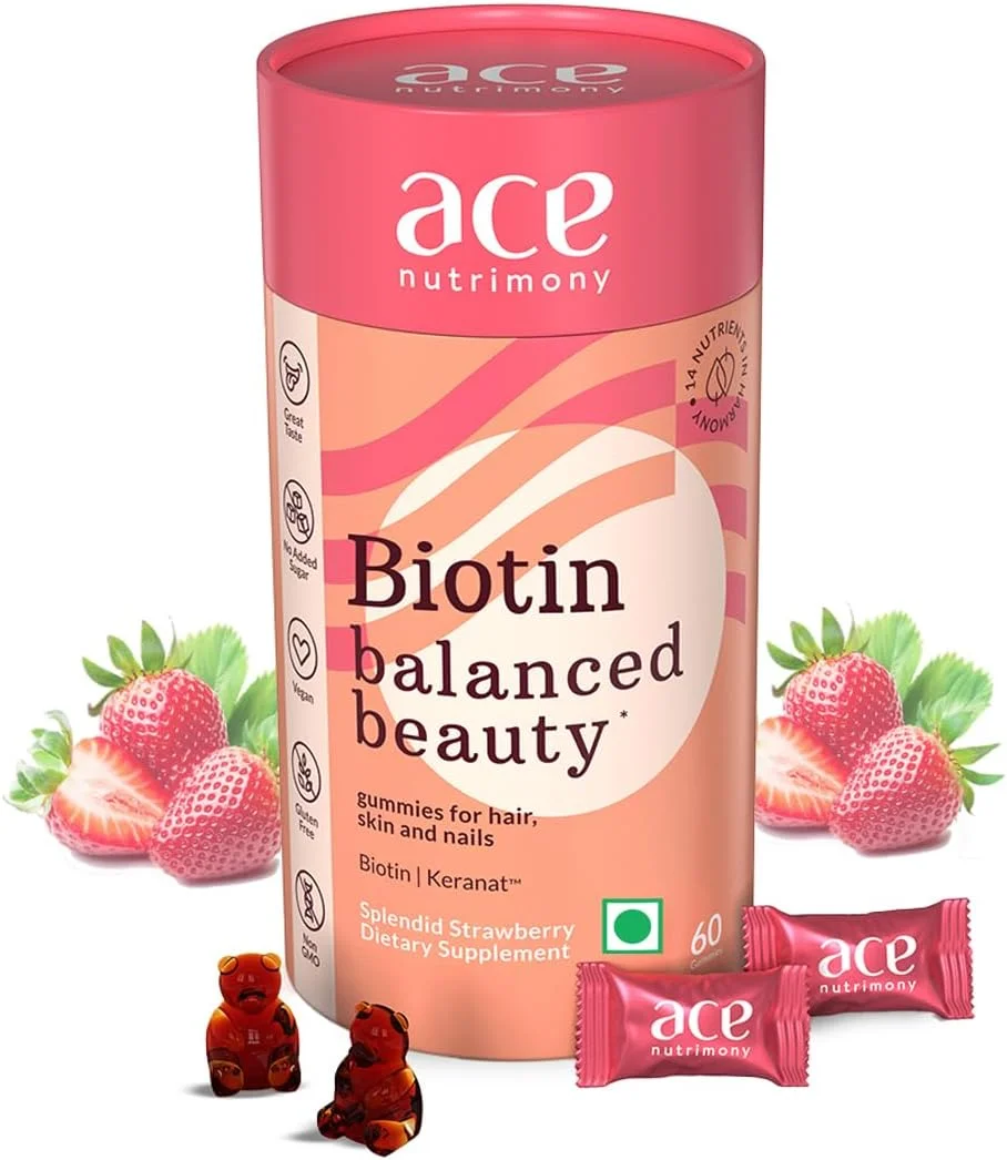پاستیل های بیوتین Ace Nutrimony برای مو، پوست و ناخن با ماده بالینی Keranat، وگان، پاستیل مکمل بیوتین غیر GMO برای رشد مو و کنترل ریزش مو - 60 عدد پاستیل خرسی