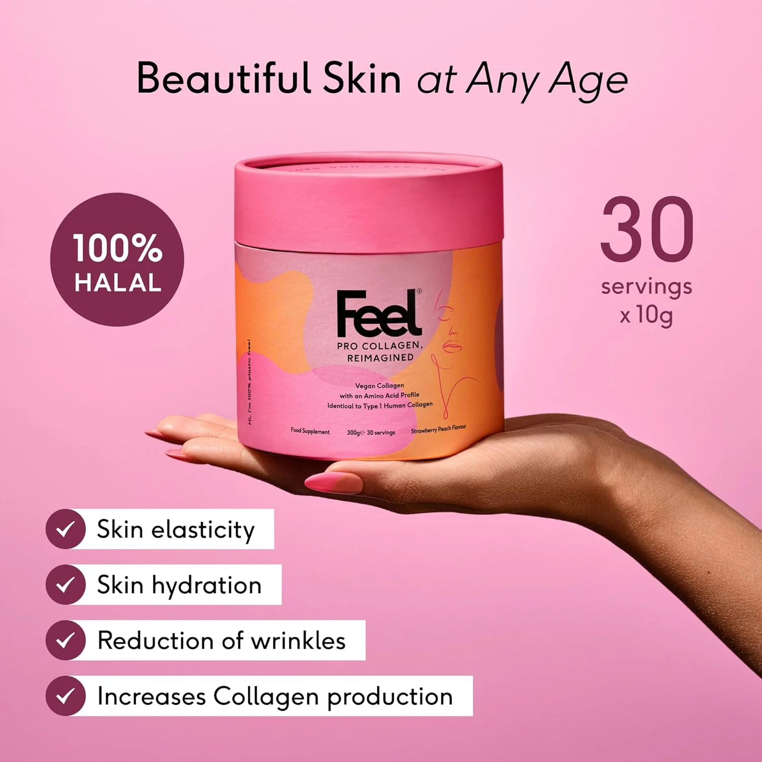 پودر کلاژن Feel Pro، نوشیدنی مکمل کلاژن با طعم توت فرنگی و هلو، وگان، پشتیبانی ضد چروک، افزایش خاصیت ارتجاعی پوست، احیا و پشتیبانی از رشد مو و ناخن (30 سروینگ)
