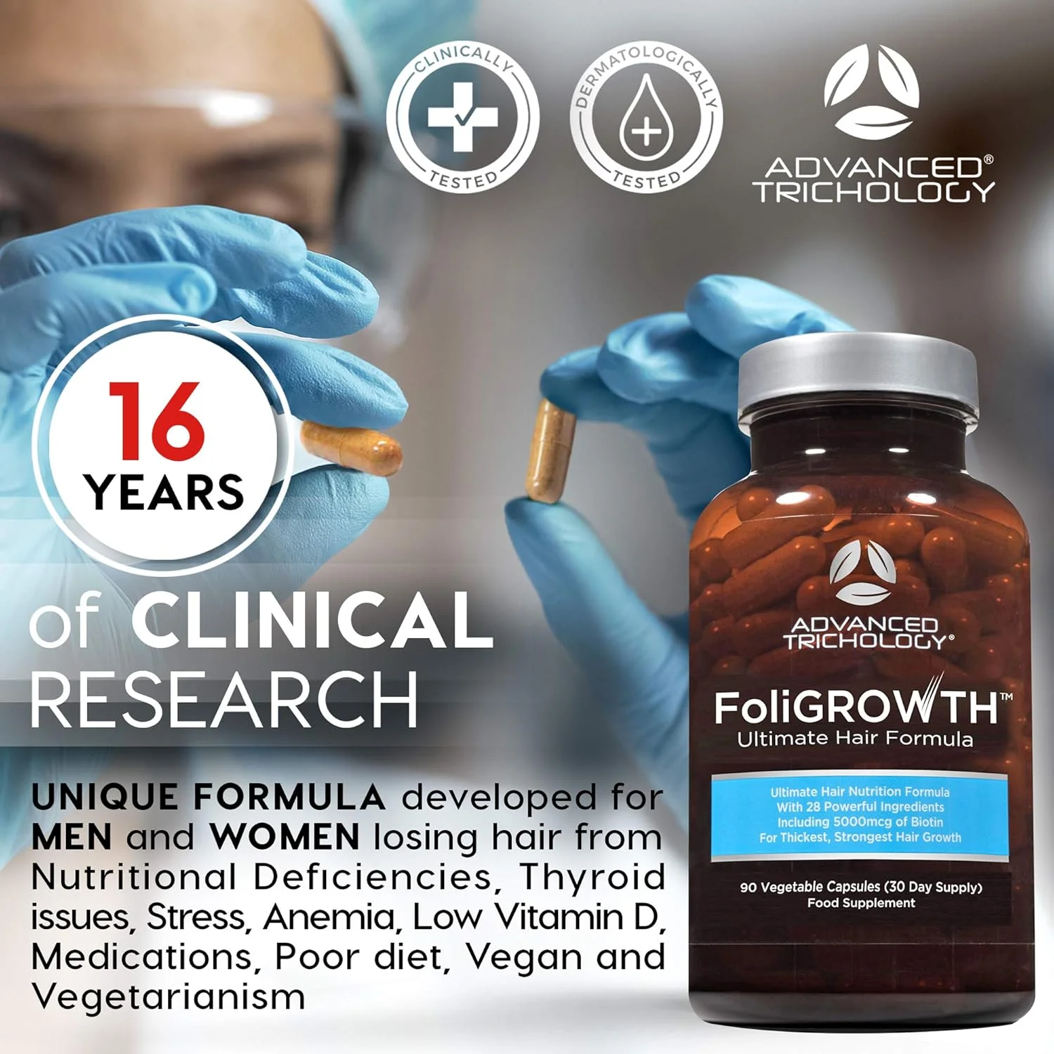 Advanced Trichology FoliGROWTH Ultimate Hair Growth Nutraceutical - Gluten Free, Vegan Formula, 3rd Party Tested - with High Potency Biotin, Stop Hair Loss - Get Thickest Strongest Hair Growth