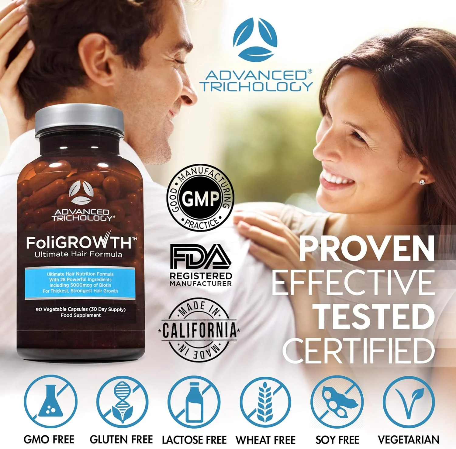 Advanced Trichology FoliGROWTH Ultimate Hair Growth Nutraceutical - Gluten Free, Vegan Formula, 3rd Party Tested - with High Potency Biotin, Stop Hair Loss - Get Thickest Strongest Hair Growth
