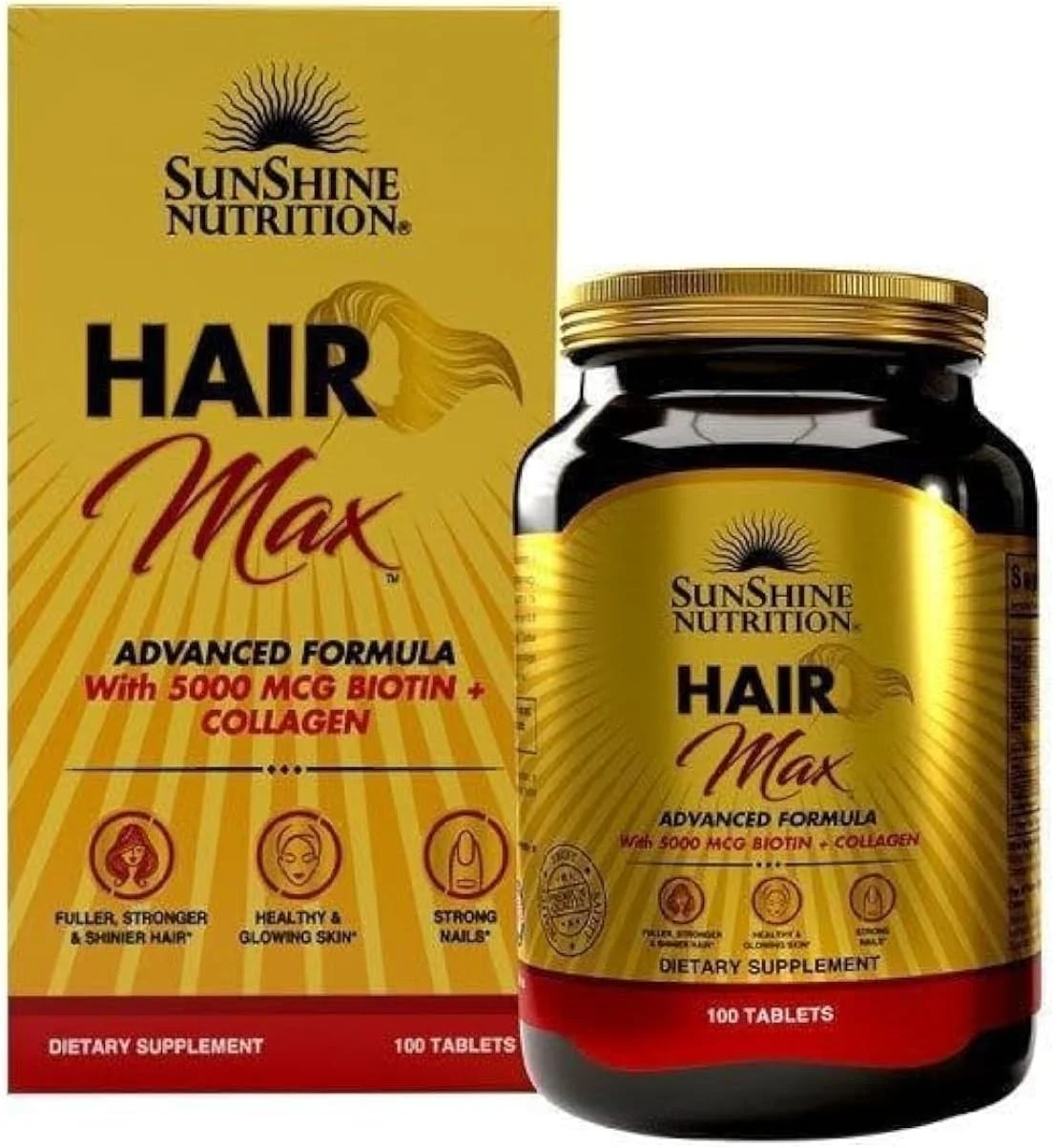 فرمول پیشرفته Sunshine Nutrition Hair Max با 5000 میکروگرم بیوتین و کلاژن | 100 قرص | موهایی پرپشت تر، قوی تر و درخشان تر | پوستی سالم و درخشان | ناخن های قوی