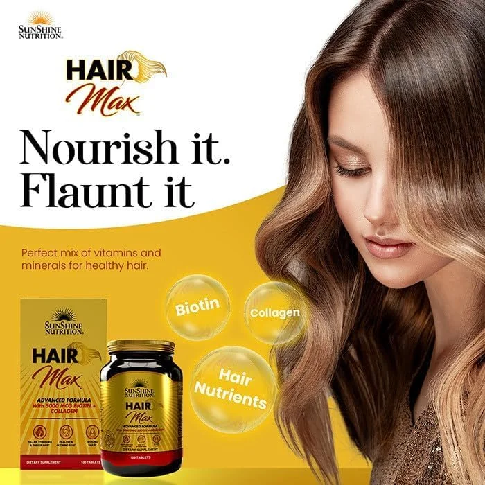 فرمول پیشرفته Sunshine Nutrition Hair Max با 5000 میکروگرم بیوتین و کلاژن | 100 قرص | موهایی پرپشت تر، قوی تر و درخشان تر | پوستی سالم و درخشان | ناخن های قوی فرمول پیشرفته Sunshine Nutrition Hair Max با 5000 میکروگرم بیوتین و کلاژن | 100 قرص | موهایی پرپشت تر، قوی تر و درخشان تر | پوستی سالم و درخشان | ناخن های قوی