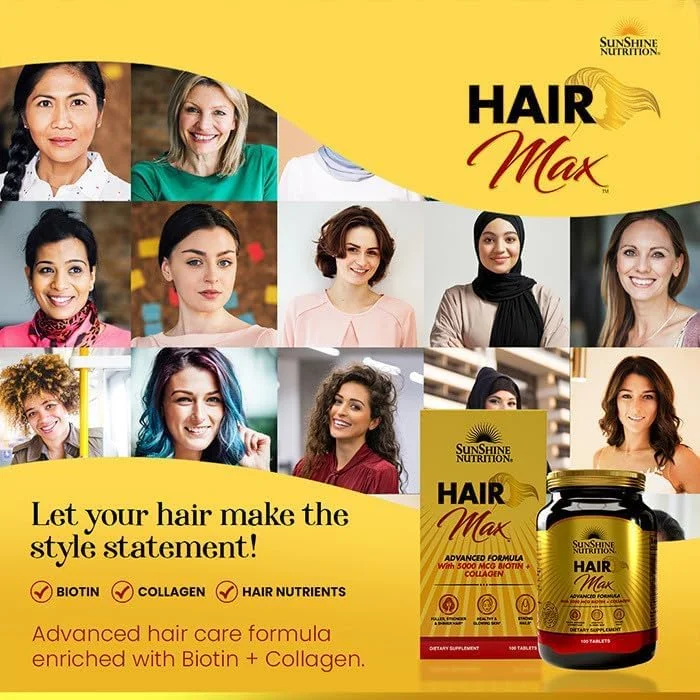 فرمول پیشرفته Sunshine Nutrition Hair Max با 5000 میکروگرم بیوتین و کلاژن | 100 قرص | موهایی پرپشت تر، قوی تر و درخشان تر | پوستی سالم و درخشان | ناخن های قوی فرمول پیشرفته Sunshine Nutrition Hair Max با 5000 میکروگرم بیوتین و کلاژن | 100 قرص | موهایی پرپشت تر، قوی تر و درخشان تر | پوستی سالم و درخشان | ناخن های قوی
