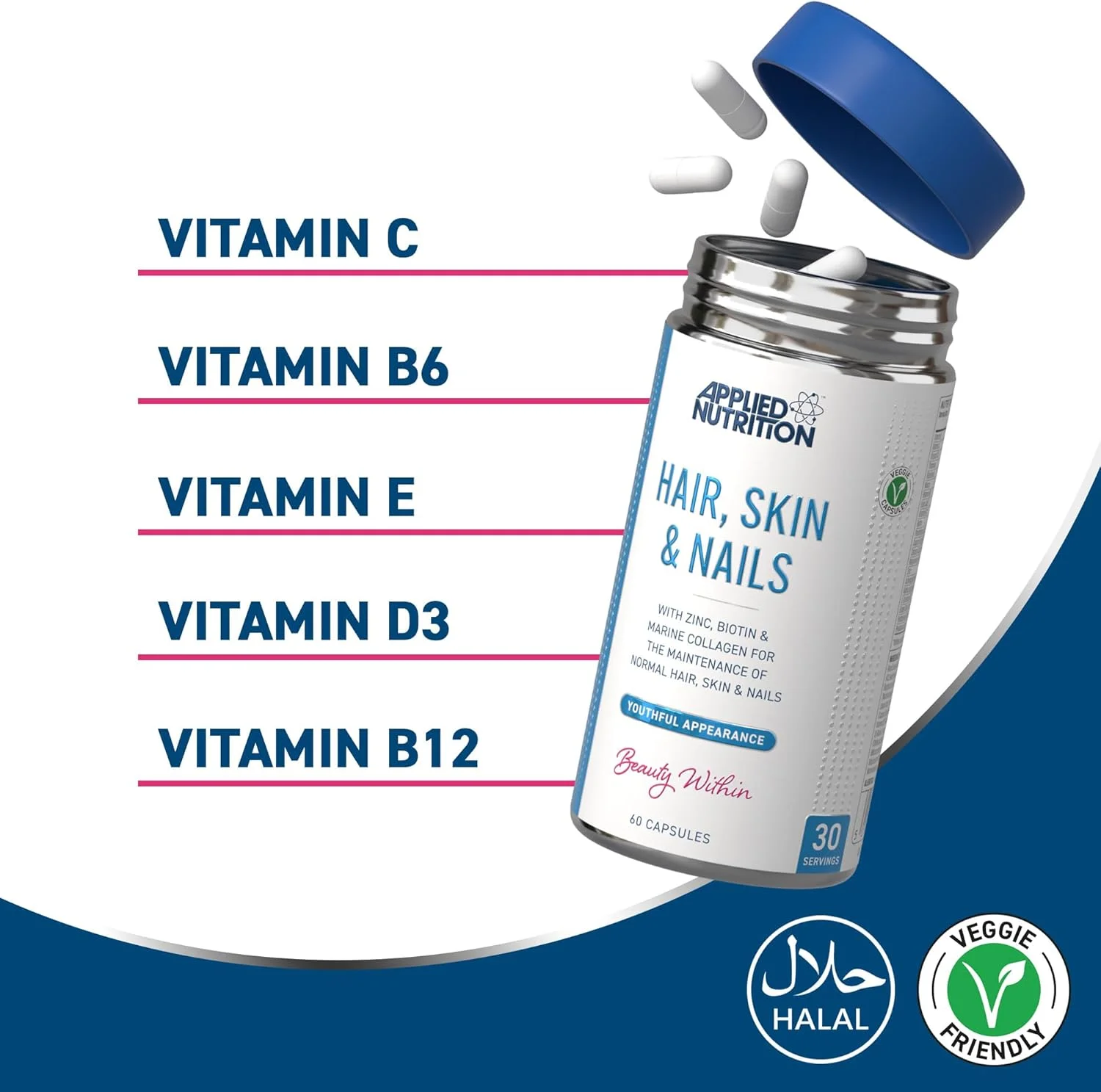 مکمل بیوتین و کلاژن دریایی Applied Nutrition برای رشد سالم مو، پوست و ناخن حاوی 10000 میکروگرم بیوتین - ویتامین B7، روی، آشواگاندا و ترکیب ویتامین (60 کپسول - 30 سروینگ) مکمل بیوتین و کلاژن دریایی Applied Nutrition برای رشد سالم مو، پوست و ناخن حاوی 10000 میکروگرم بیوتین - ویتامین B7، روی، آشواگاندا و ترکیب ویتامین (60 کپسول - 30 سروینگ)