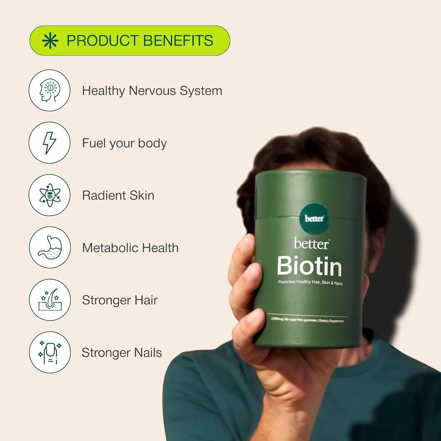 پاستیل های بیوتین Better - 2500 میکروگرم برای مو، پوست و ناخن های سالم برای بزرگسالان، 60 پاستیل ویتامین، غیر GMO، مکمل رشد مو مبتنی بر پکتین، بدون شکر، وگان، بدون گلوتن پاستیل های بیوتین Better - 2500 میکروگرم برای مو، پوست و ناخن های سالم برای بزرگسالان، 60 پاستیل ویتامین، غیر GMO، مکمل رشد مو مبتنی بر پکتین، بدون شکر، وگان، بدون گلوتن