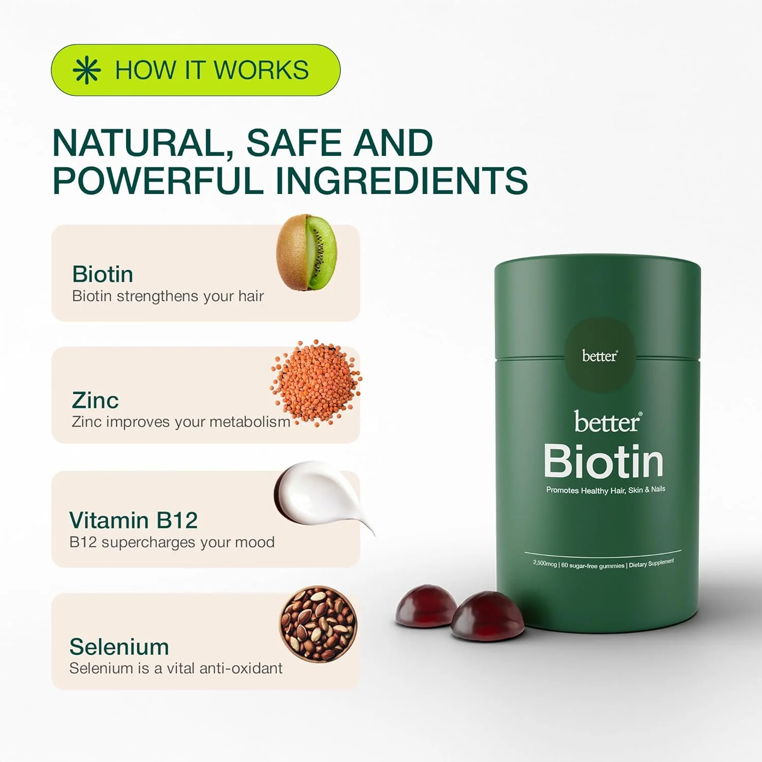 پاستیل های بیوتین Better - 2500 میکروگرم برای مو، پوست و ناخن های سالم برای بزرگسالان، 60 پاستیل ویتامین، غیر GMO، مکمل رشد مو مبتنی بر پکتین، بدون شکر، وگان، بدون گلوتن پاستیل های بیوتین Better - 2500 میکروگرم برای مو، پوست و ناخن های سالم برای بزرگسالان، 60 پاستیل ویتامین، غیر GMO، مکمل رشد مو مبتنی بر پکتین، بدون شکر، وگان، بدون گلوتن