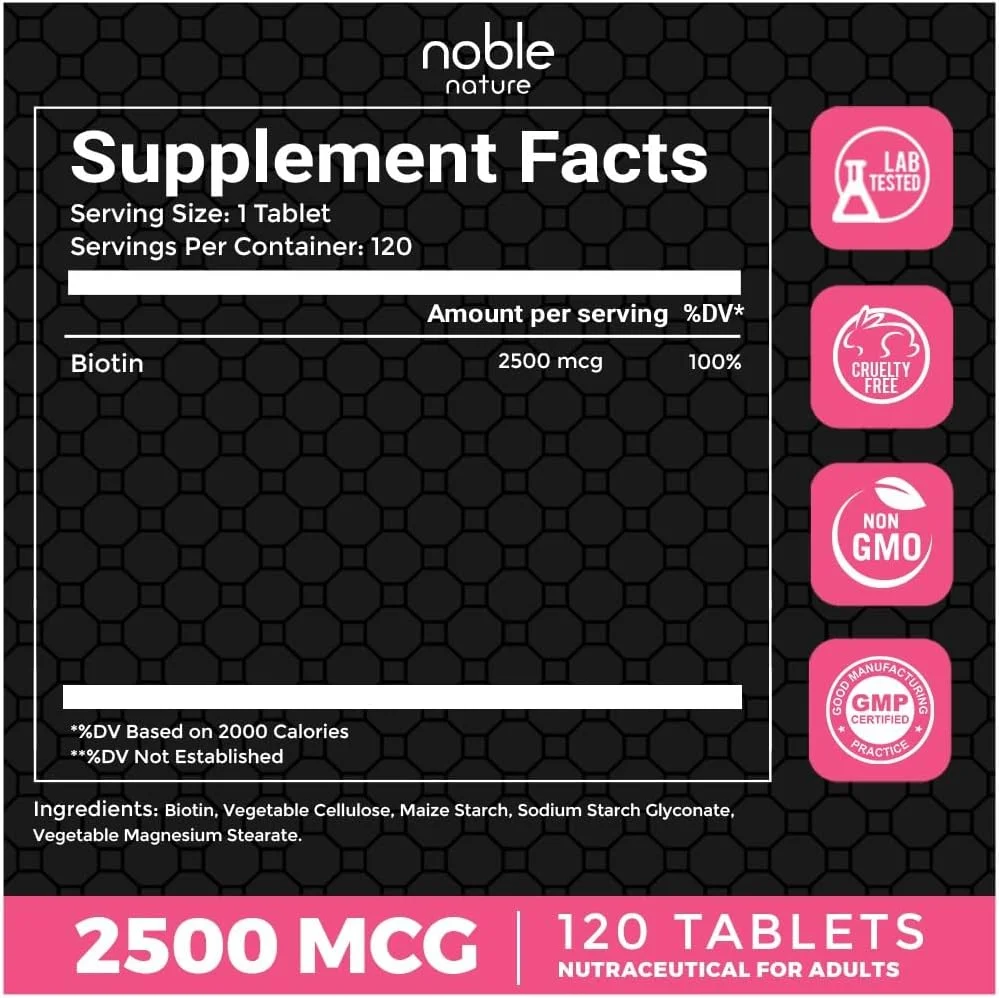Noble Nature Biotin 2500MCG, Supplement for Hair Growth, Strong Hair and Glowing Skin, Fights Nail Brittleness, 120 Biotin Tablets Noble Nature Biotin 2500MCG, Supplement for Hair Growth, Strong Hair and Glowing Skin, Fights Nail Brittleness, 120 Biotin Tablets