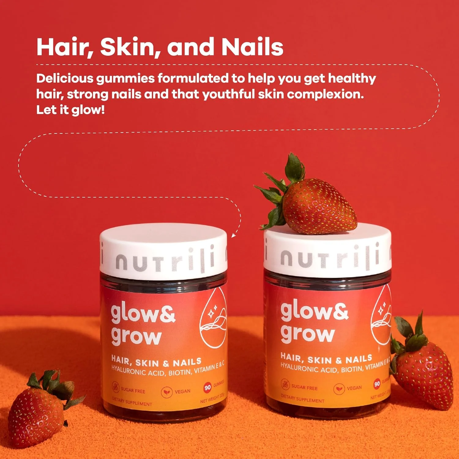Nutrili Glow & Grow Sugar Free Vitamin Gummies (1 month) | Hair, Skin & Nails | With Hyaluronic acid, Biotin, Vitamin E & C Nutrili Glow & Grow Sugar Free Vitamin Gummies (1 month) | Hair, Skin & Nails | With Hyaluronic acid, Biotin, Vitamin E & C