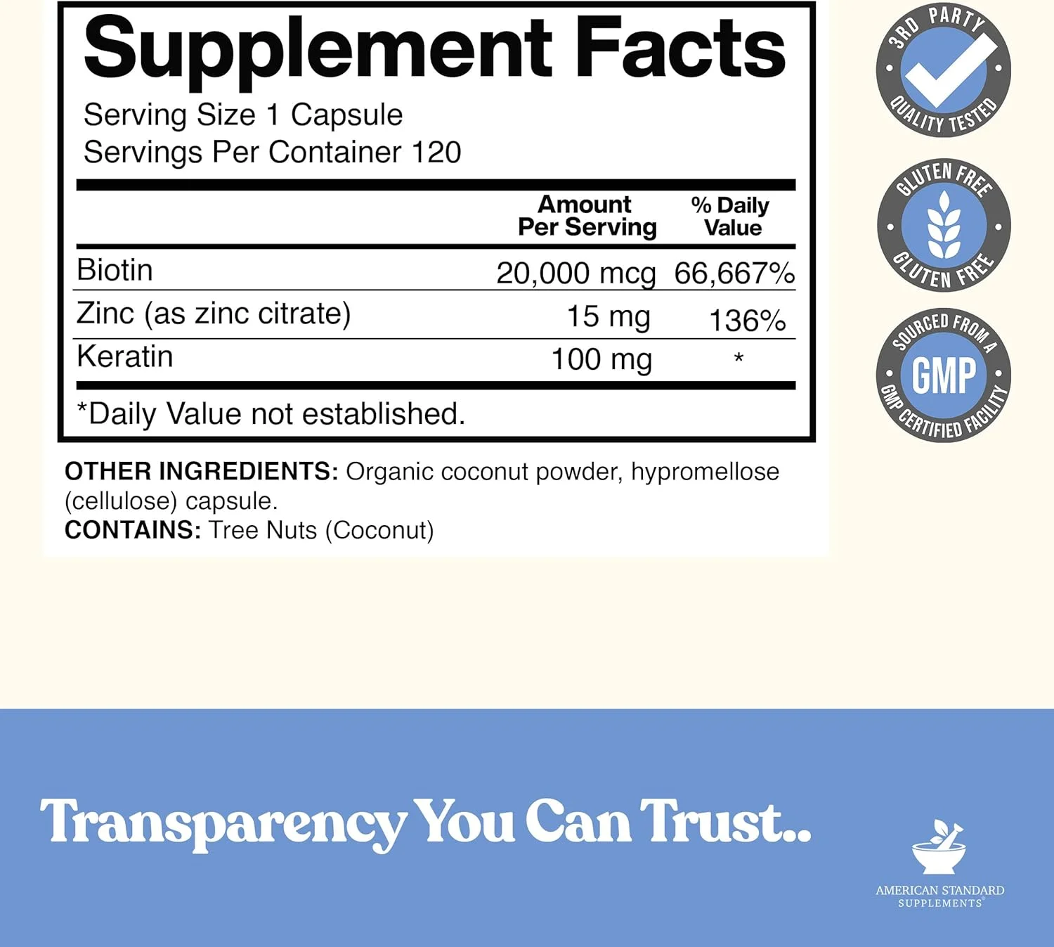 کپسول های رشد مو بیوتین، نارگیل ارگانیک و زینک مخصوص بزرگسالان American Standard Supplements (20000 میکروگرم، 120 عدد) کپسول های رشد مو بیوتین، نارگیل ارگانیک و زینک مخصوص بزرگسالان American Standard Supplements (20000 میکروگرم، 120 عدد)