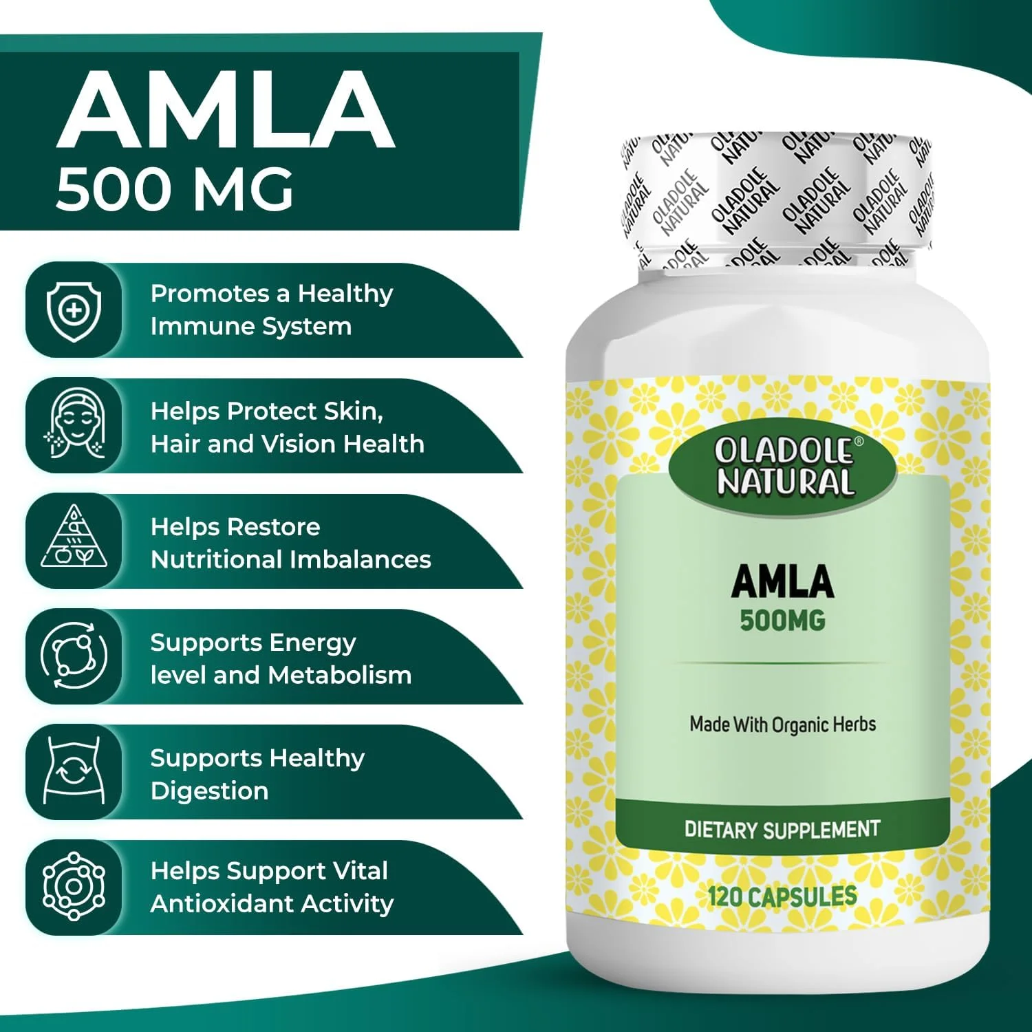 Oladole Natural Amla Extract- 500mg (120 Capsules) | High Vitamin C Powerful Antioxidant | For Hair, Skin & Immunity, Boost Energy, Metabolism, Promotes Hair Growth, Digestion | Non- GMO, Gluten Free Oladole Natural Amla Extract- 500mg (120 Capsules) | High Vitamin C Powerful Antioxidant | For Hair, Skin & Immunity, Boost Energy, Metabolism, Promotes Hair Growth, Digestion | Non- GMO, Gluten Free