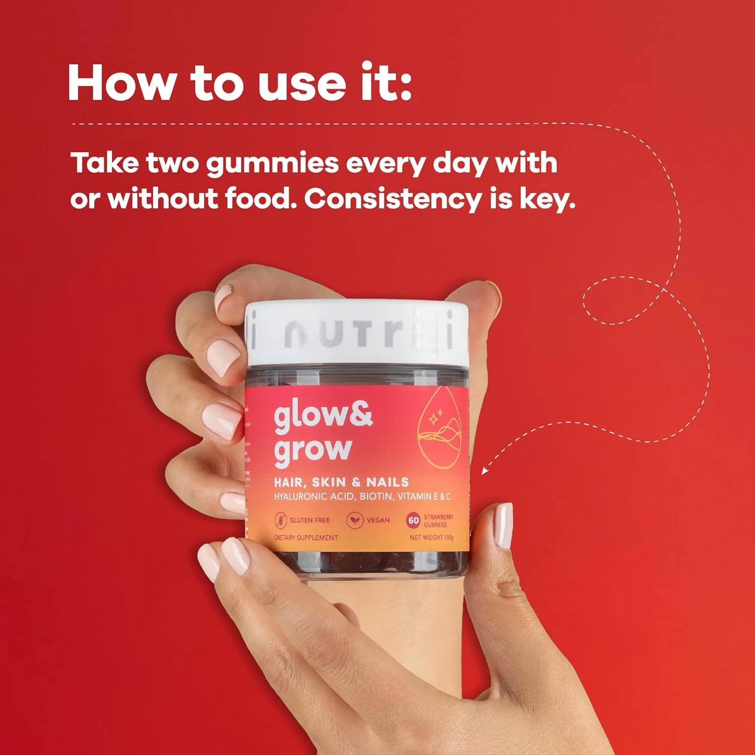 Nutrili Glow & Grow Sugar Free Vitamin Gummies (1 month) | Hair, Skin & Nails | With Hyaluronic acid, Biotin, Vitamin E & C Nutrili Glow & Grow Sugar Free Vitamin Gummies (1 month) | Hair, Skin & Nails | With Hyaluronic acid, Biotin, Vitamin E & C