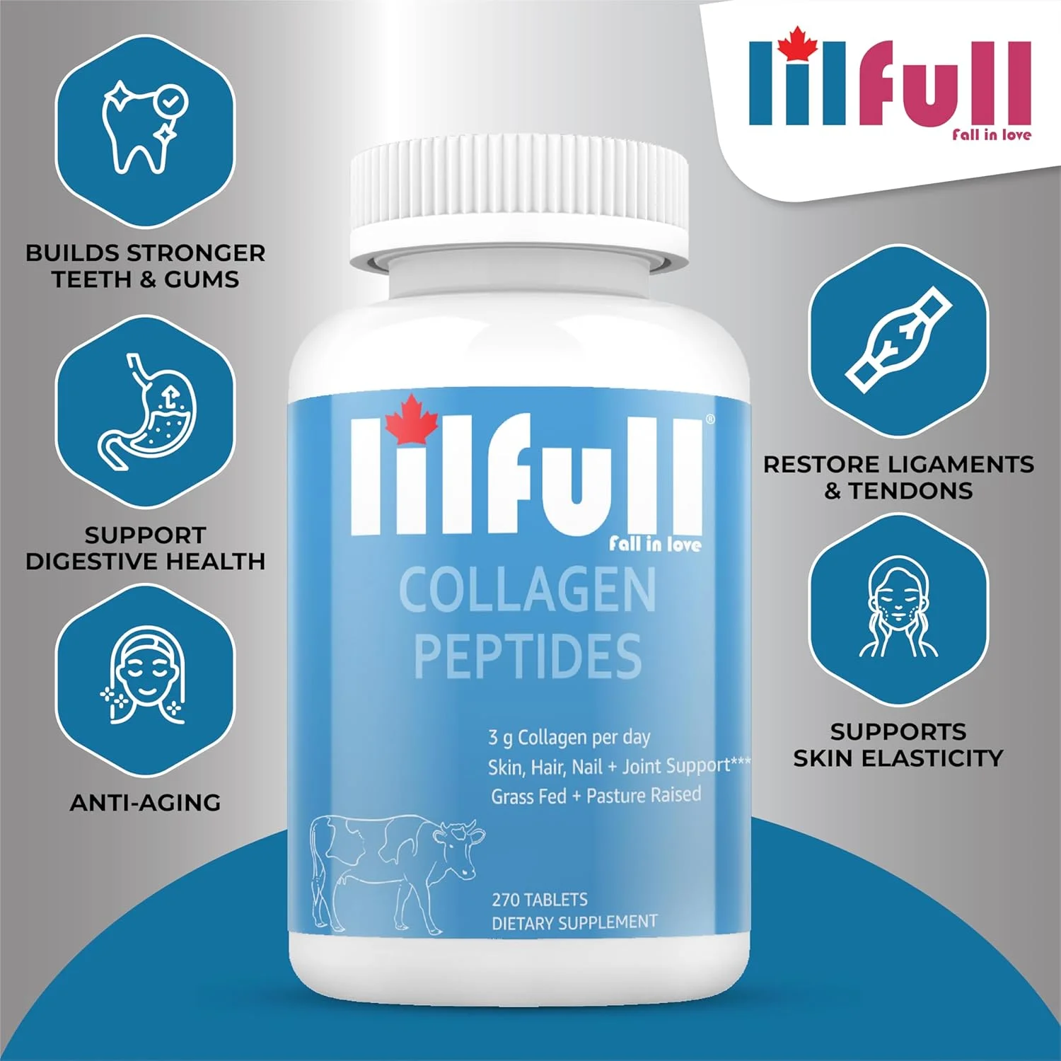 پپتیدهای کلاژن Lilfull - 270 قرص | تقویت رشد مو و استحکام ناخن، پشتیبانی از تراکم استخوان و سلامت مفاصل، ضد پیری، احیای پوست، آبرسانی و خاصیت ارتجاعی | غیر GMO، بدون گلوتن پپتیدهای کلاژن Lilfull - 270 قرص | تقویت رشد مو و استحکام ناخن، پشتیبانی از تراکم استخوان و سلامت مفاصل، ضد پیری، احیای پوست، آبرسانی و خاصیت ارتجاعی | غیر GMO، بدون گلوتن
