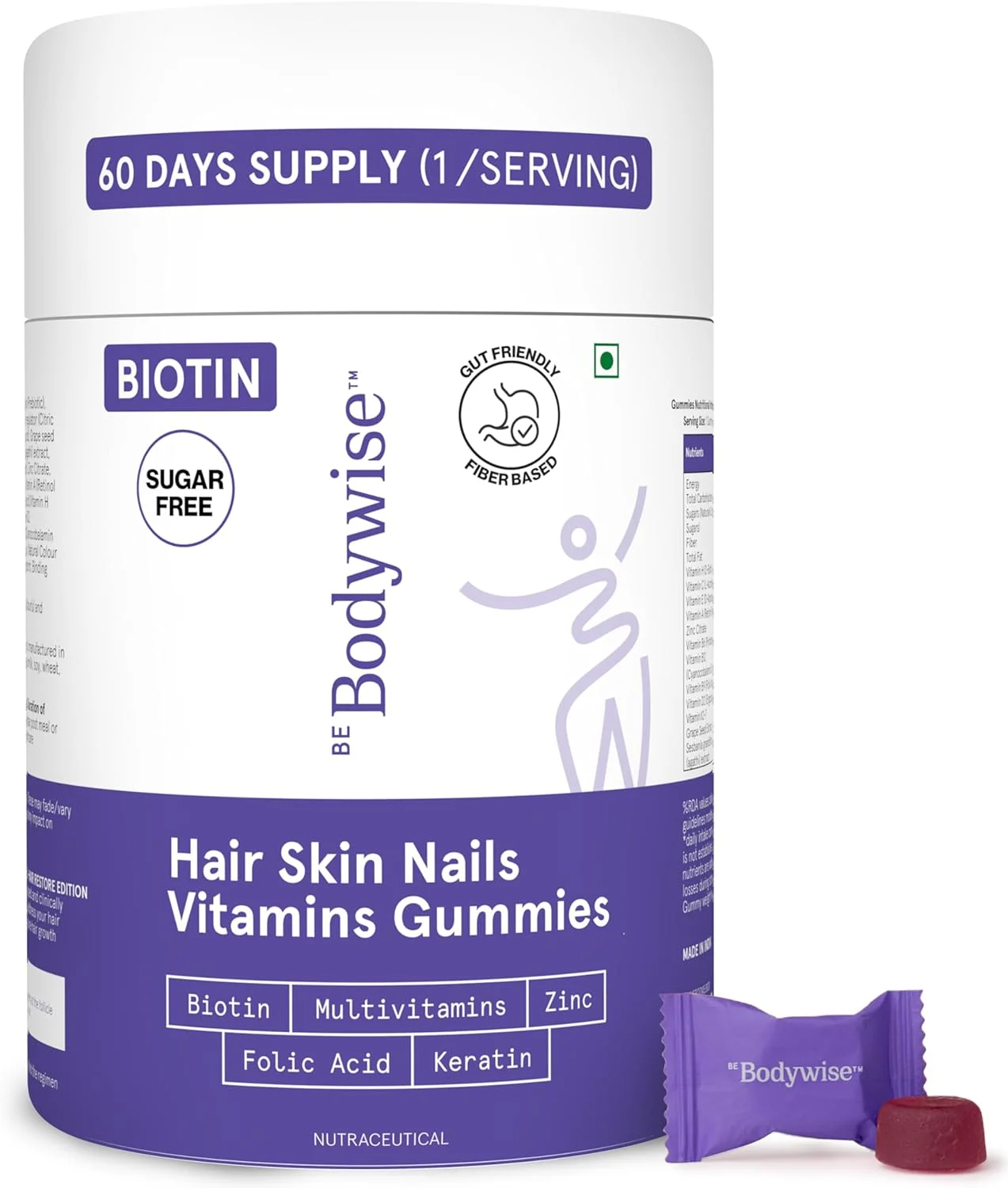 پاستیل مو بیوتین Bodywise I بدون شکر I بسته 60 روزه I مو، پوست و ناخن سالم I بیوتین '6 در 1'، روی، اسید فولیک، ویتامین C، کراتین و مولتی ویتامین I سازگار با روده I طعم توت فرنگی I 100% گیاهی