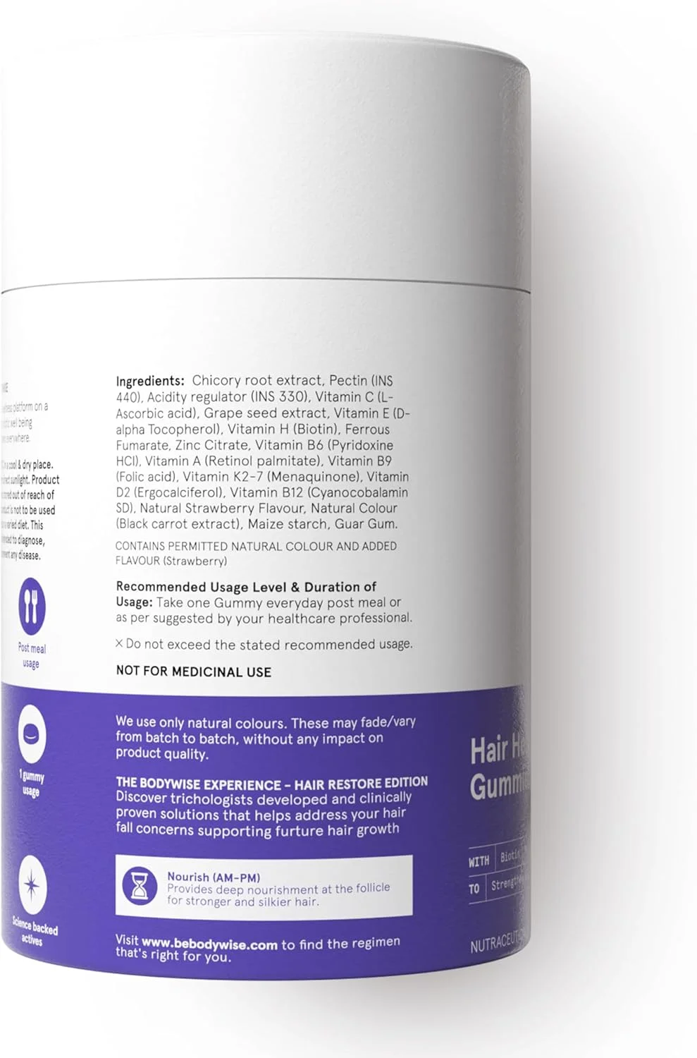 پاستیل مو بیوتین Bodywise I بدون شکر I بسته 60 روزه I مو، پوست و ناخن سالم I بیوتین '6 در 1'، روی، اسید فولیک، ویتامین C، کراتین و مولتی ویتامین I سازگار با روده I طعم توت فرنگی I 100% گیاهی