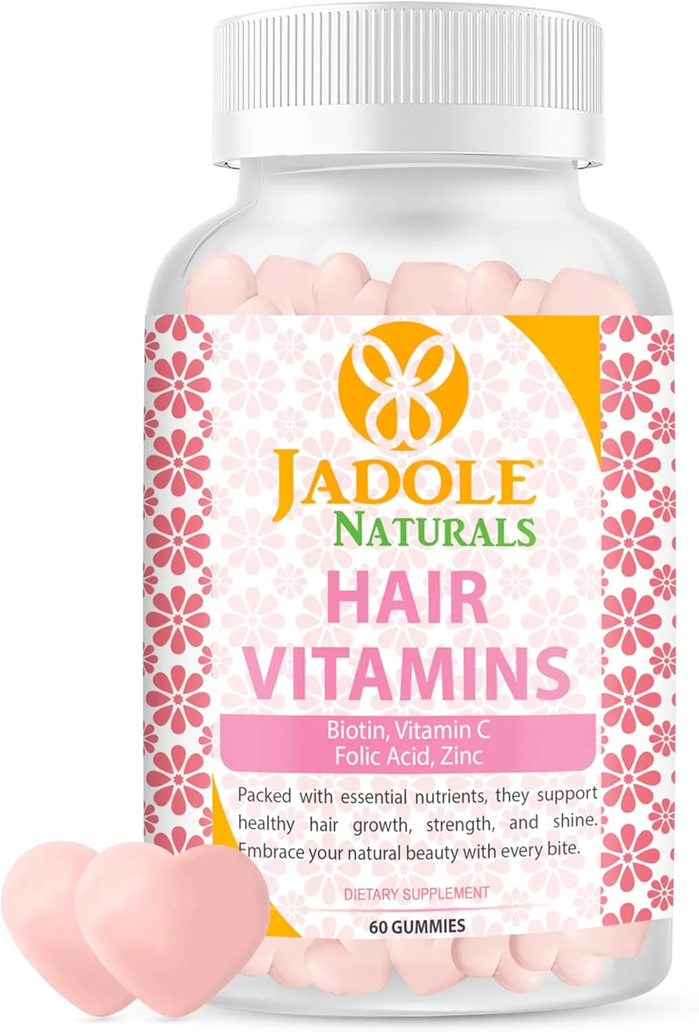Jadole Naturals Hair Vitamins 60 Gummies with Biotin 5000 mcg, Vitamin C, Folic Acid & Zinc | Supports Hair Growth & Reduces Breakage, Healthy Skin & Nails, Multivitamins & Essential Nutrients, Vegan