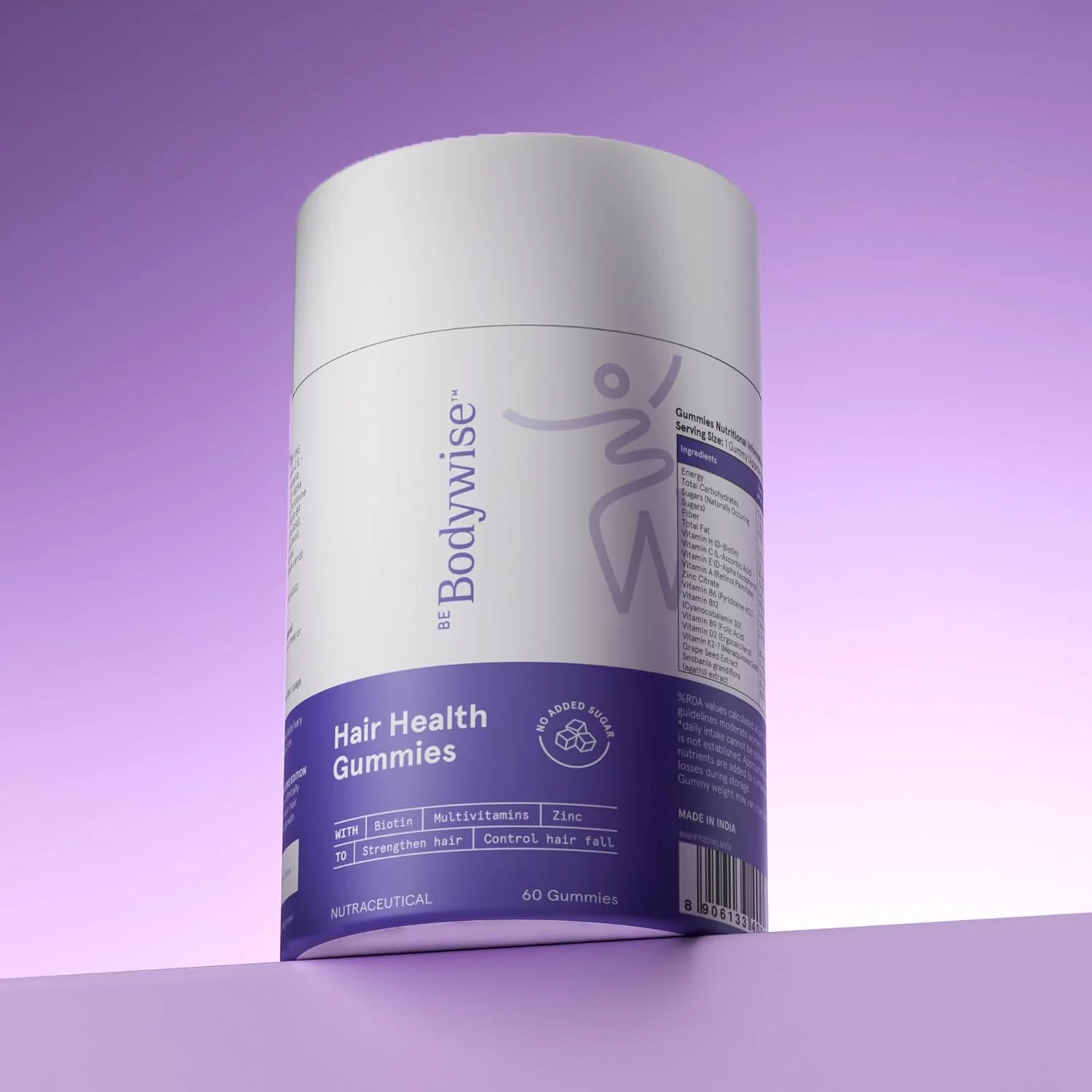 پاستیل مو بیوتین Bodywise I بدون شکر I بسته 60 روزه I مو، پوست و ناخن سالم I بیوتین '6 در 1'، روی، اسید فولیک، ویتامین C، کراتین و مولتی ویتامین I سازگار با روده I طعم توت فرنگی I 100% گیاهی