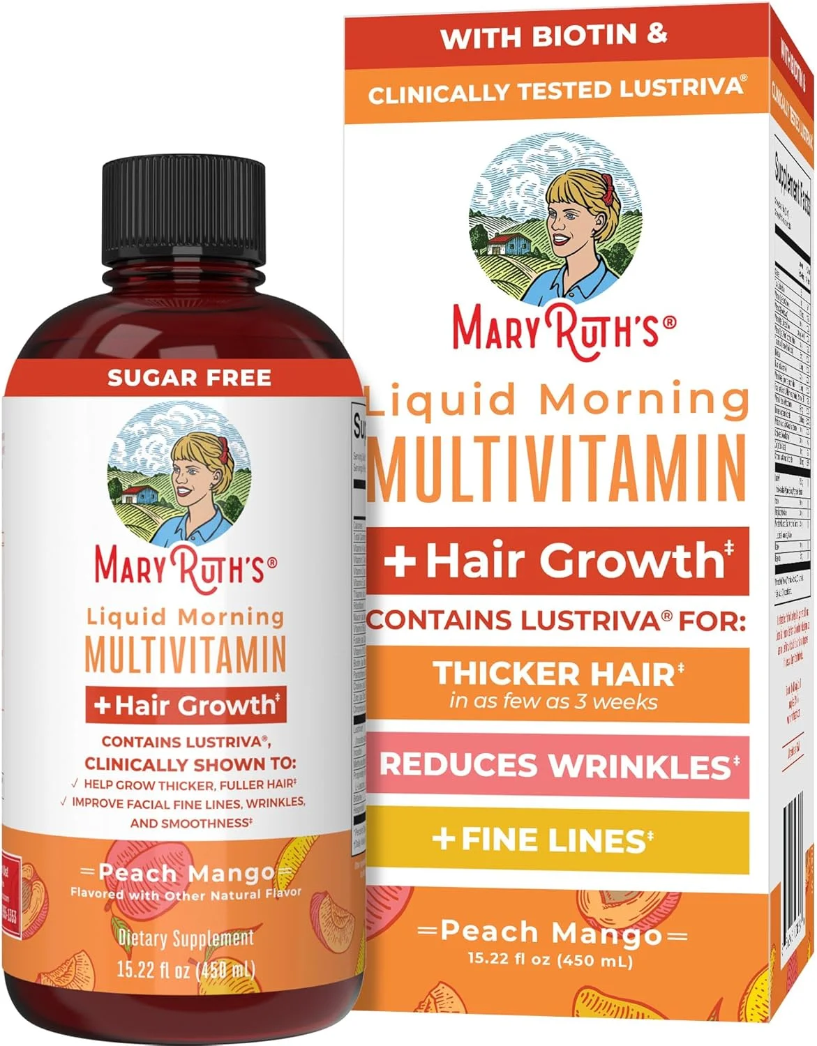 مولتی ویتامین مایع ارگانیک MaryRuth حاوی Lustriva® برای رشد موی زنان | بیوتین 10000 میکروگرم | ویتامین D، B | از نظر بالینی برای موهای ضخیم تر، چین و چروک، خطوط ریز، مراقبت از پوست تست شده | سنین 18 سال به بالا | 450 میلی لیتر