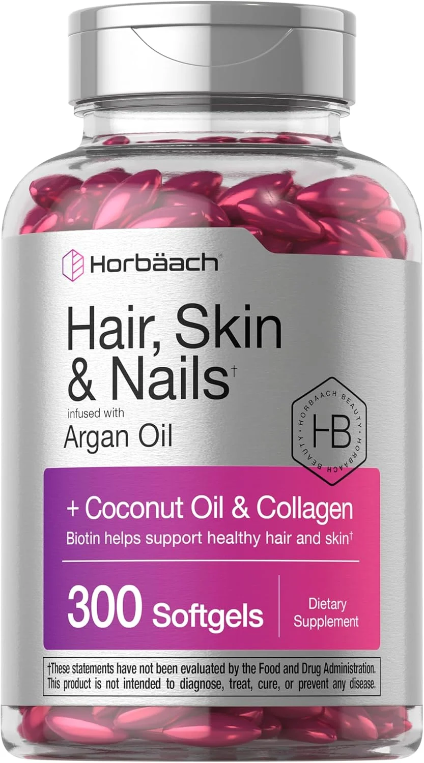 Horbäach Hair Skin and Nails Vitamins | 300 Softgels | with Biotin and Collagen | Infused with Argan Oil and Coconut Oil | Non-GMO, Gluten Free Supplement | by