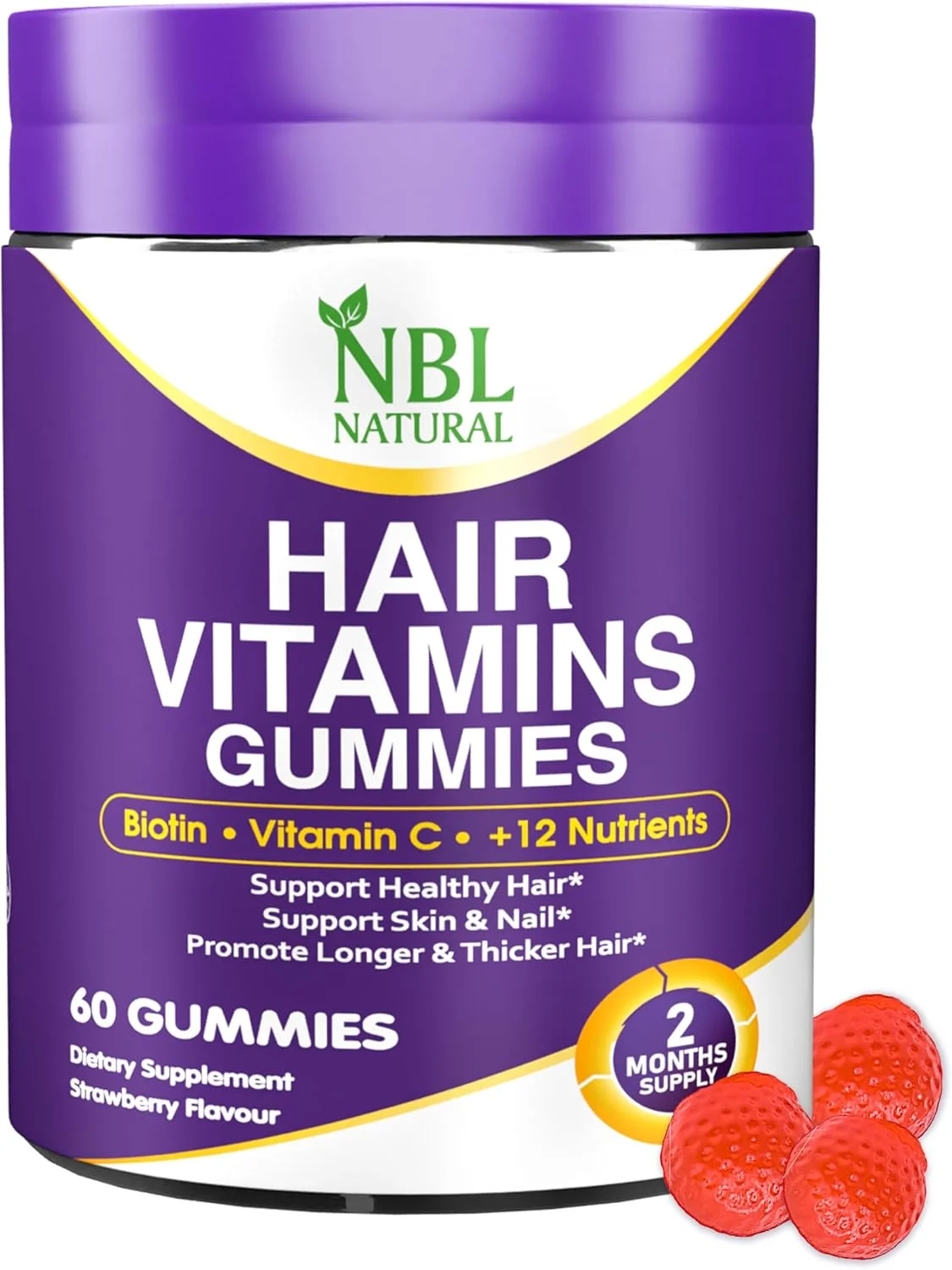 مکمل ویتامین های طبیعی مو NBL، 60 پاستیل، حاوی ویتامین C، بیوتین و اسید فولیک، پشتیبانی از رشد مو، جلوگیری از ریزش مو، سلامت مو، پوست و ناخن | مکمل مولتی ویتامین مو برای آقایان و بانوان