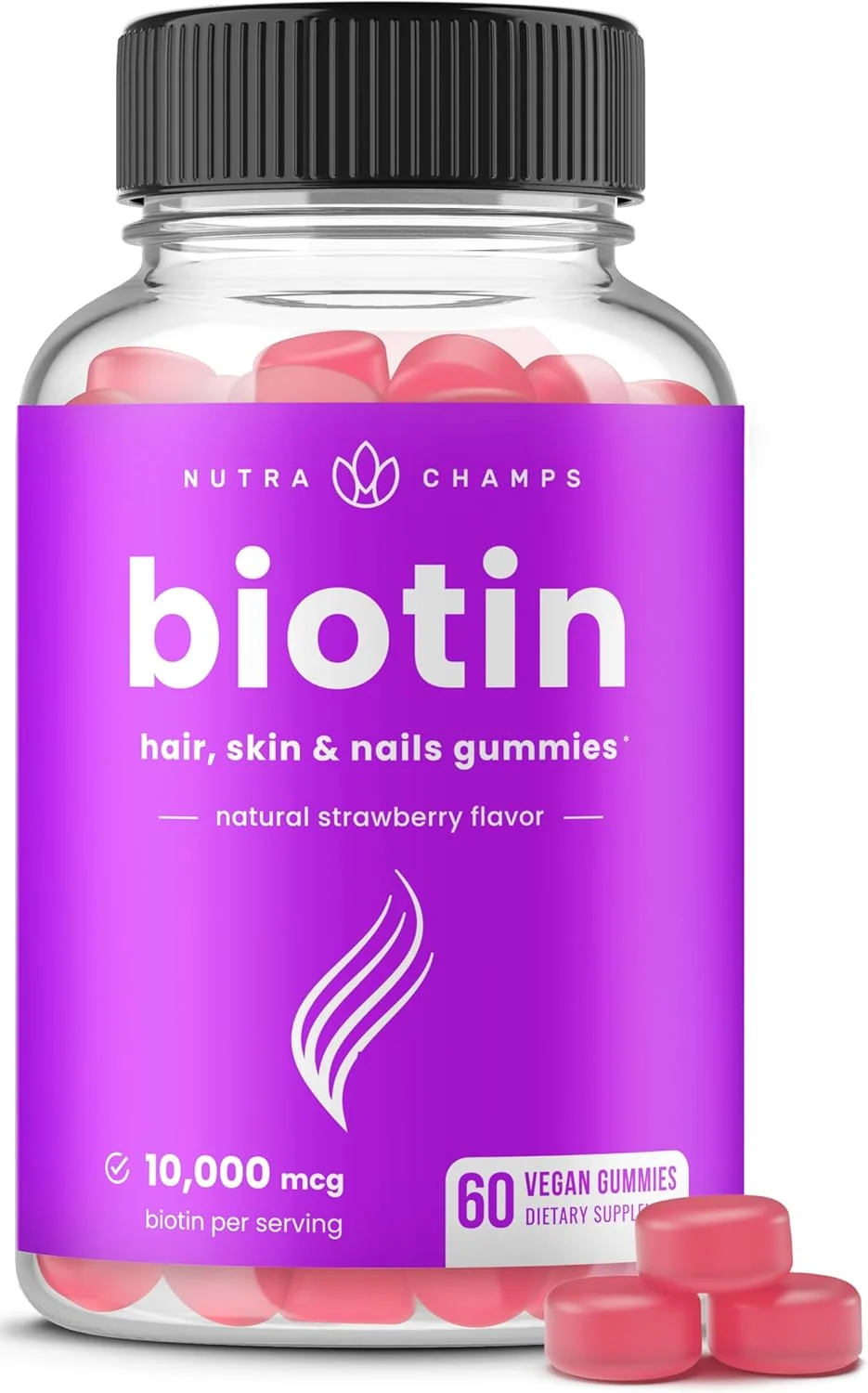NutraChamps Biotin Gummies 10,000mcg [Highest Potency] for Healthy Hair, Skin & Nails for Adults & Kids - 5000mcg in Each Gummy Vitamin - Vegan, Non-GMO, Pectin-Based Hair Growth Supplement
