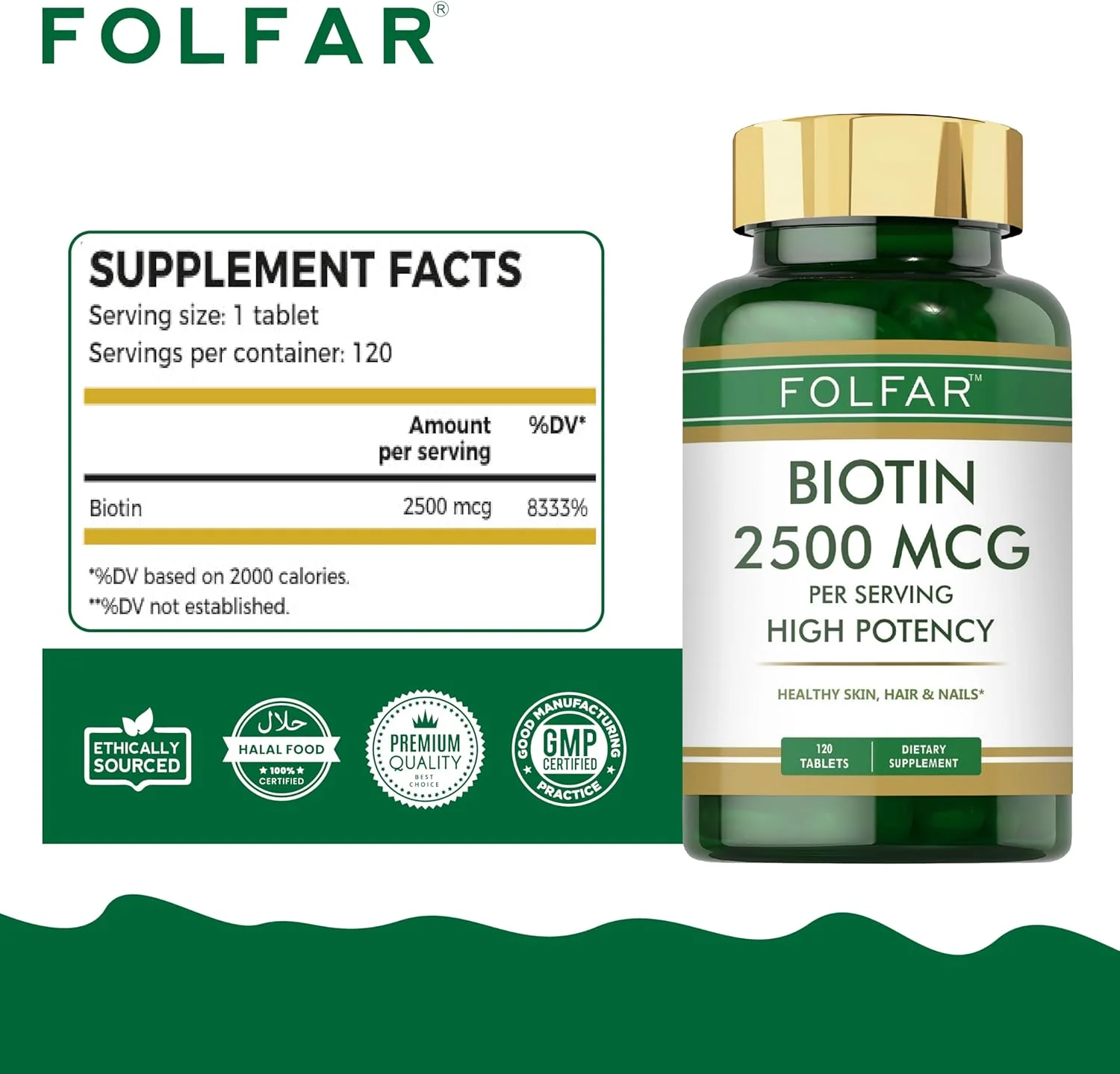 Folfar Biotin 2500mcg - 120 Tablets | High Potency for Hair Growth, Stronger Nails & Radiant Skin | Supports Energy & Collagen Production for Youthful Appearance | Metabolism & Cellular Health Folfar Biotin 2500mcg - 120 Tablets | High Potency for Hair Growth, Stronger Nails & Radiant Skin | Supports Energy & Collagen Production for Youthful Appearance | Metabolism & Cellular Health